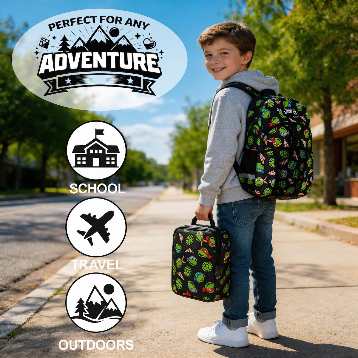 TMNT Classic Retro Cartoon 2-Piece 16" Kids Backpack & Lunch Box Set For School And Travel