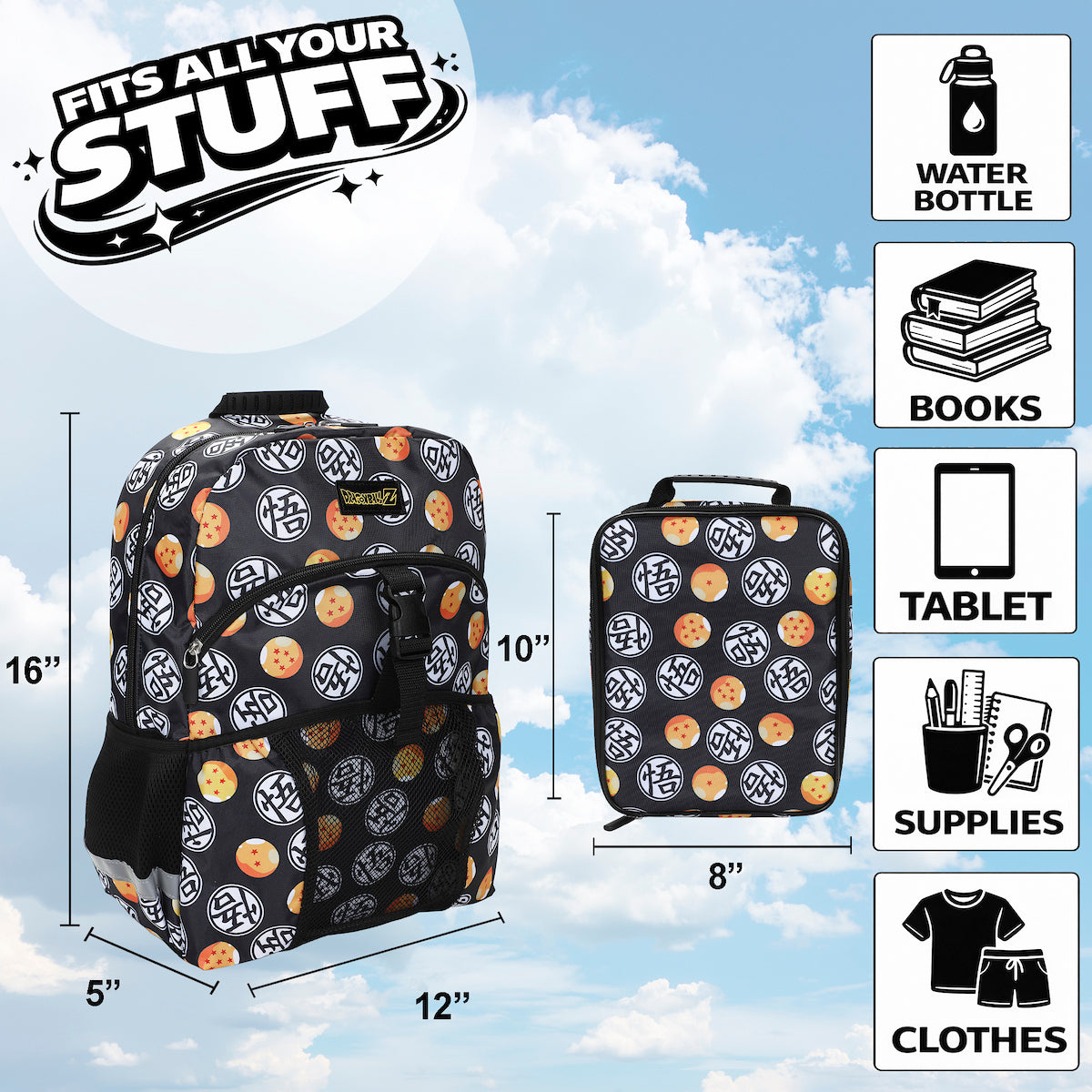 Dragon Ball Z All-Over Print 16" Kids Backpack & Lunch Box Set For School And Travel