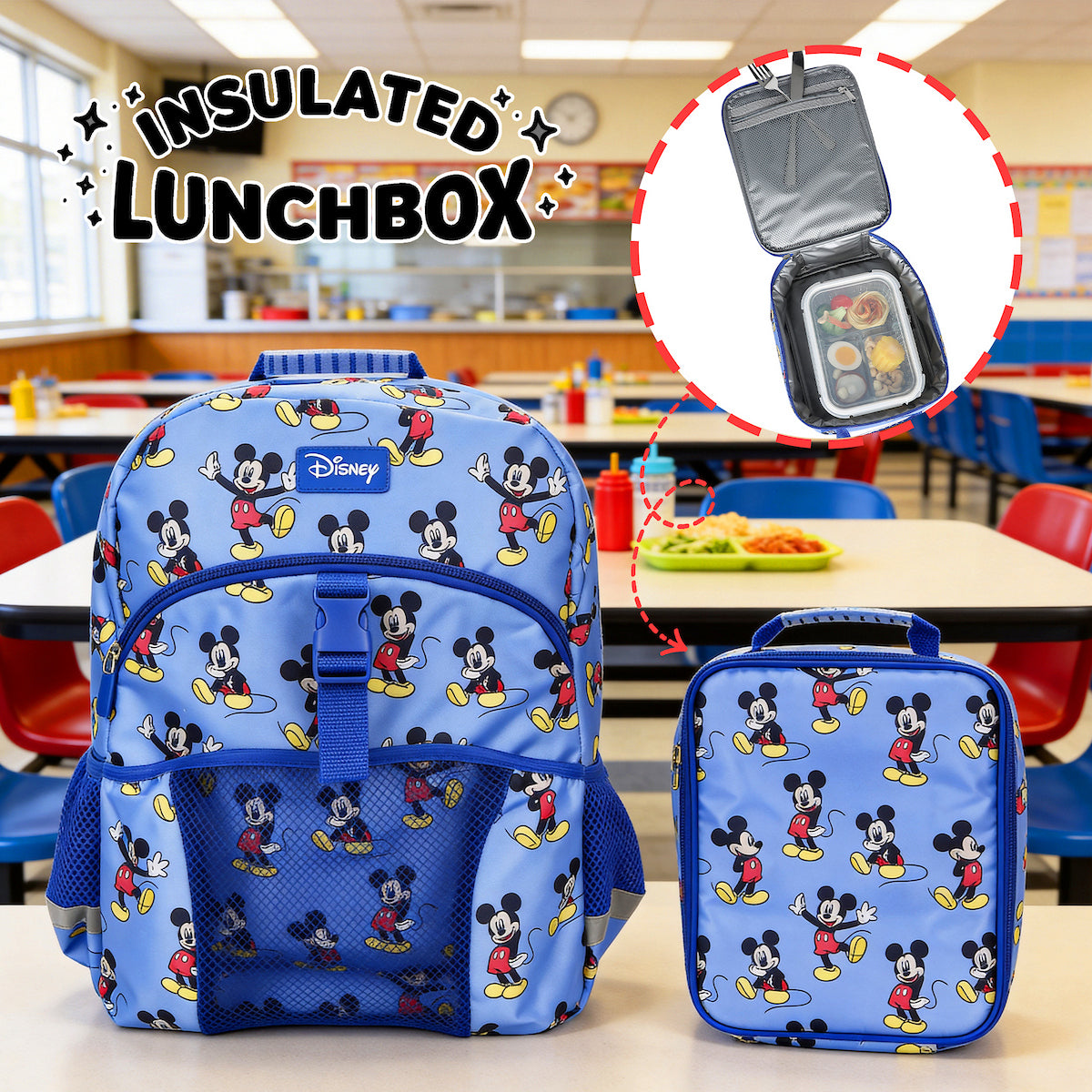 Mickey Mouse Classic 2-Piece 16" Kids Backpack & Lunch Box Set For School And Travel
