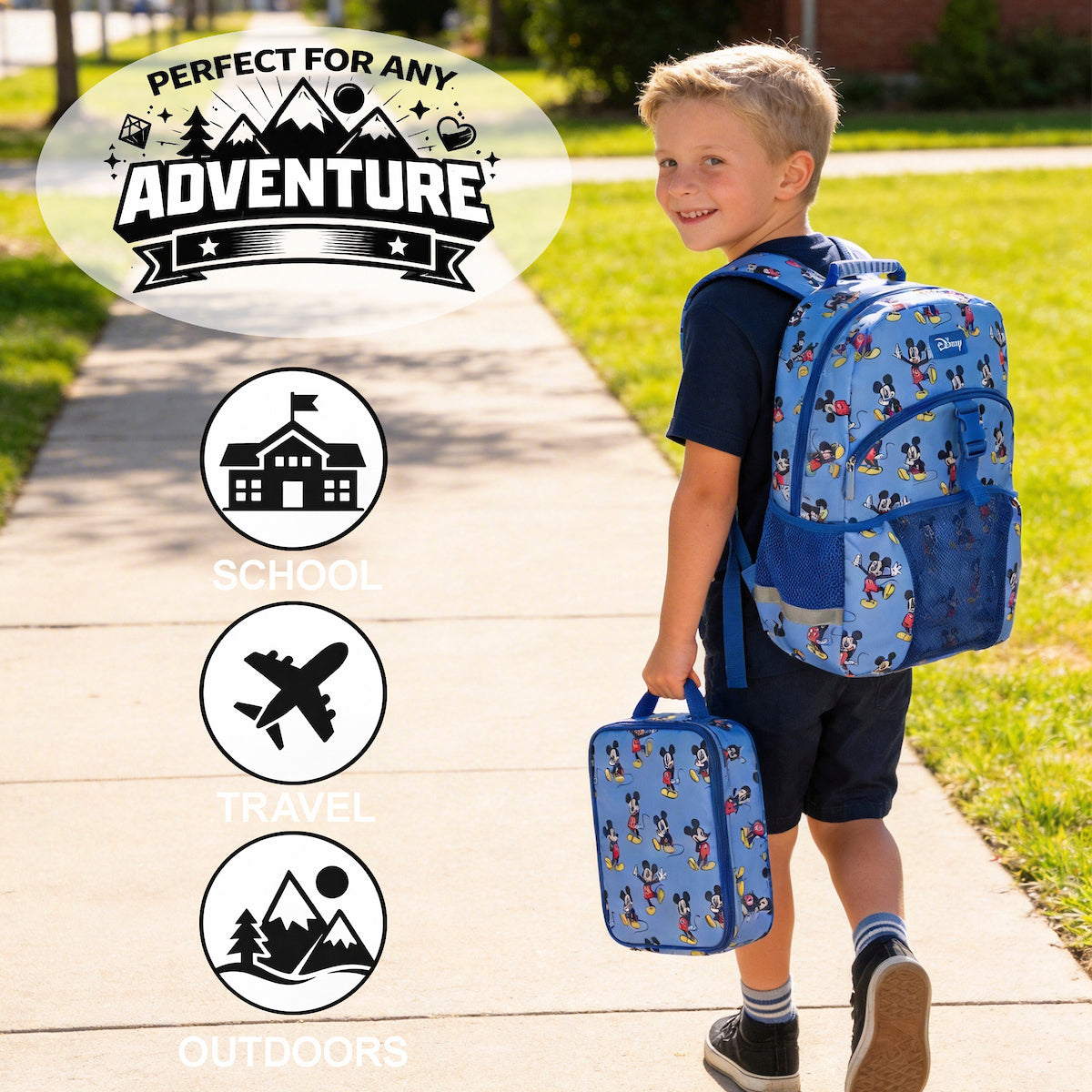 Mickey Mouse Classic 2-Piece 16" Kids Backpack & Lunch Box Set For School And Travel