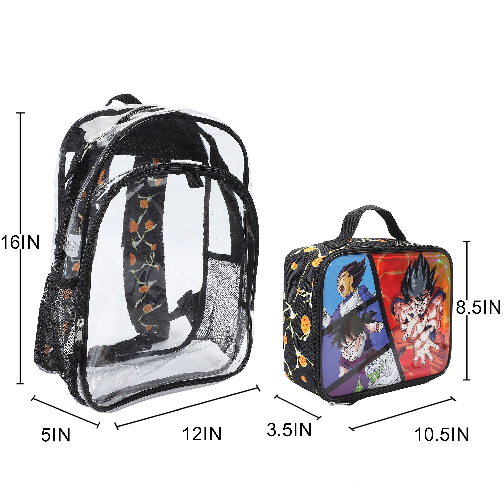 Dragon Ball Z Goku 2-Piece 16" Kids Clear Backpack & Lunch Box Set For School And Travel