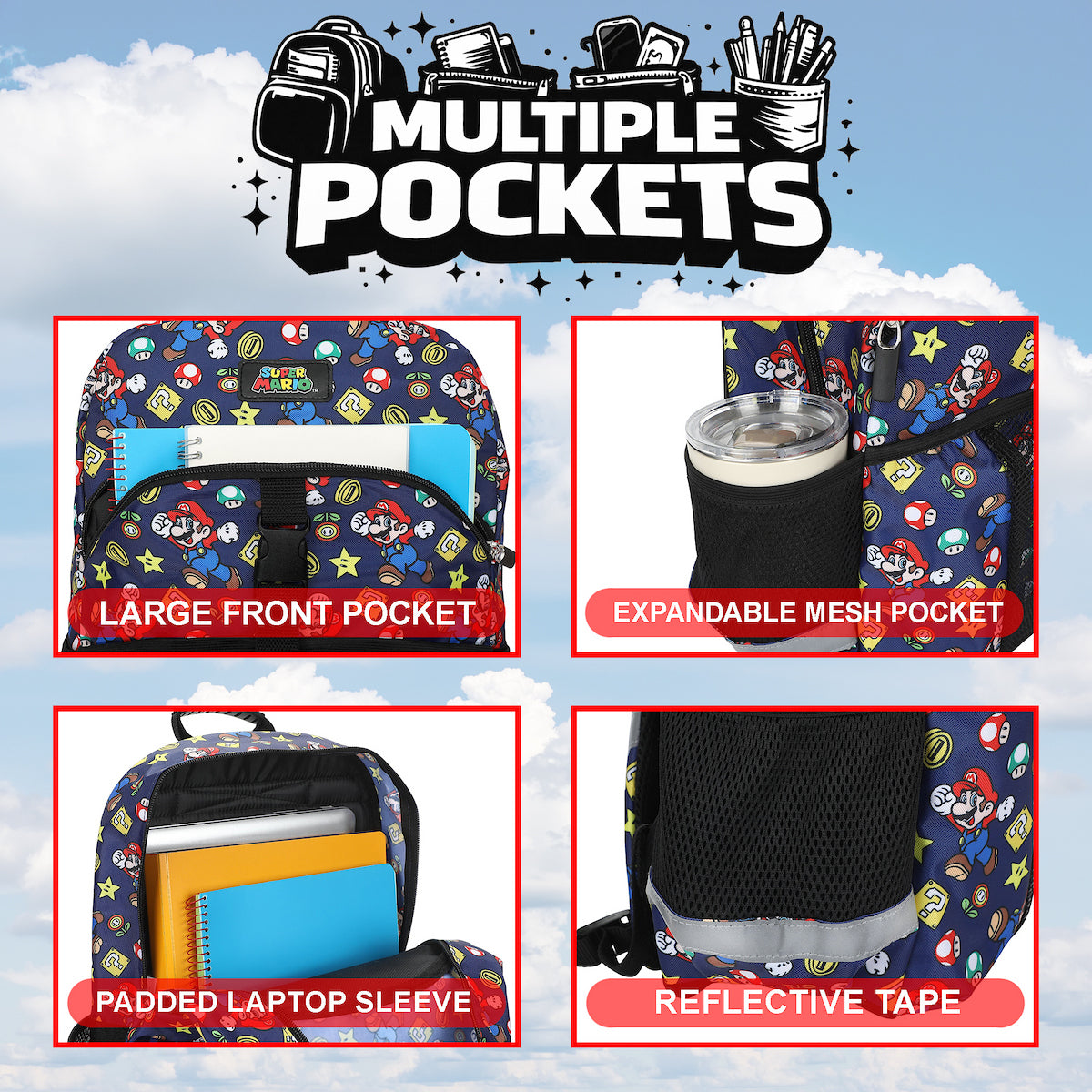 Super Mario Bros. All-Over Print 2-Piece 16" Kids Backpack & Lunch Box Set For School And Travel