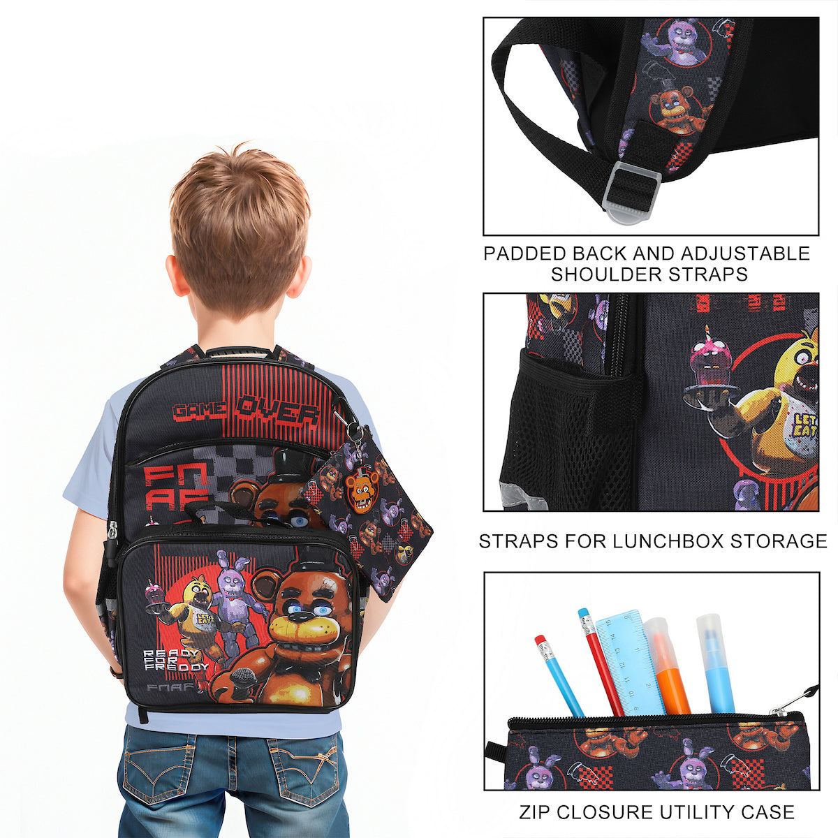 Five Nights at Freddy's Game Over 5-Piece 16" Backpack And Lunch Set For School & Travel