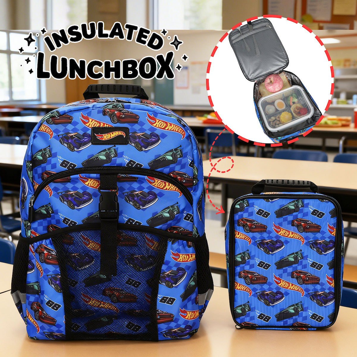 Hot Wheels 2-Piece 16" Kids Backpack & Lunch Box Set For School And Travel
