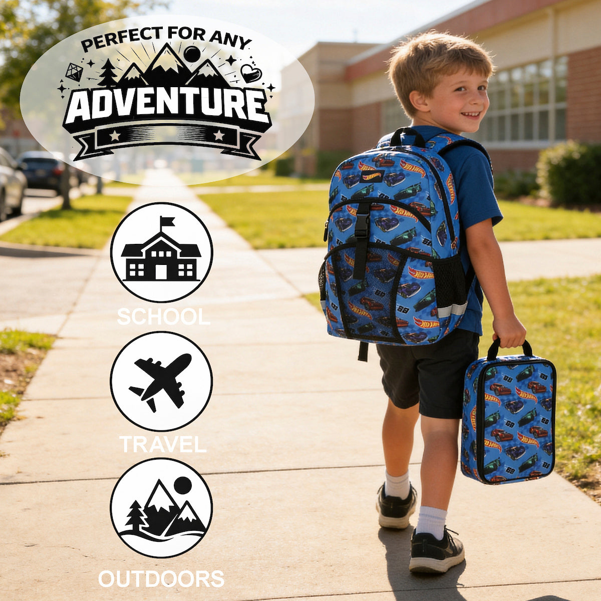 Hot Wheels 2-Piece 16" Kids Backpack & Lunch Box Set For School And Travel