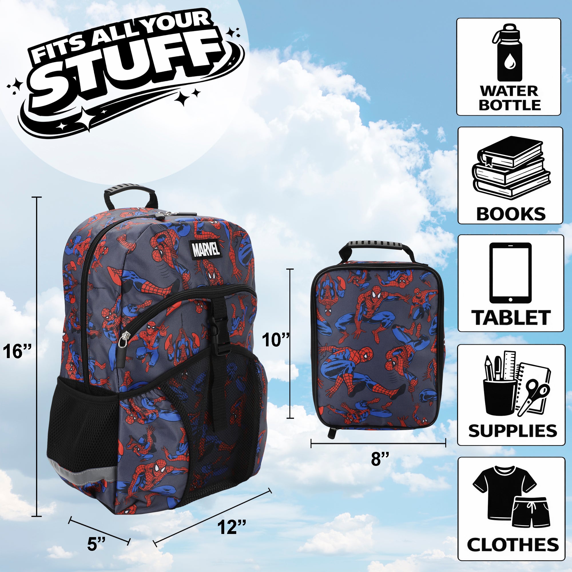 Spider-Man Classic All-Over Print Gray 16” Backpack With Lunchbox Set and Stainless Steel Water Bottle