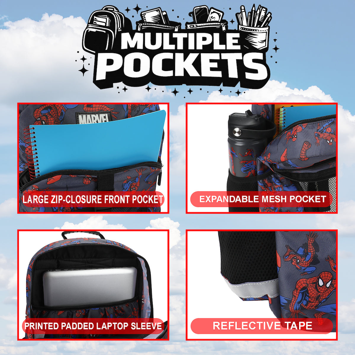 Spider-Man Classic All-Over Print Gray 16” Backpack With Lunchbox Set and Stainless Steel Water Bottle