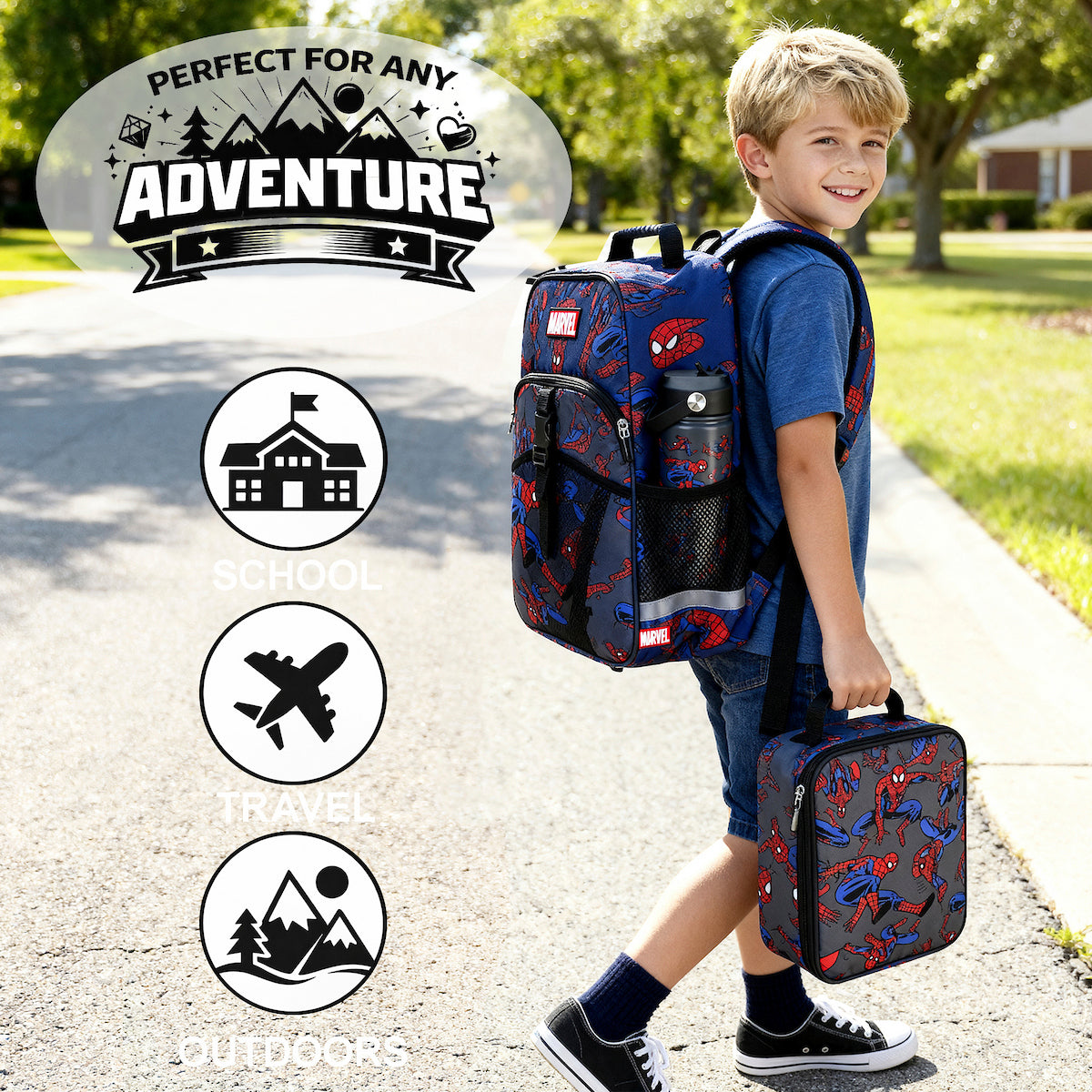 Spider-Man Classic All-Over Print Gray 16” Backpack With Lunchbox Set and Stainless Steel Water Bottle