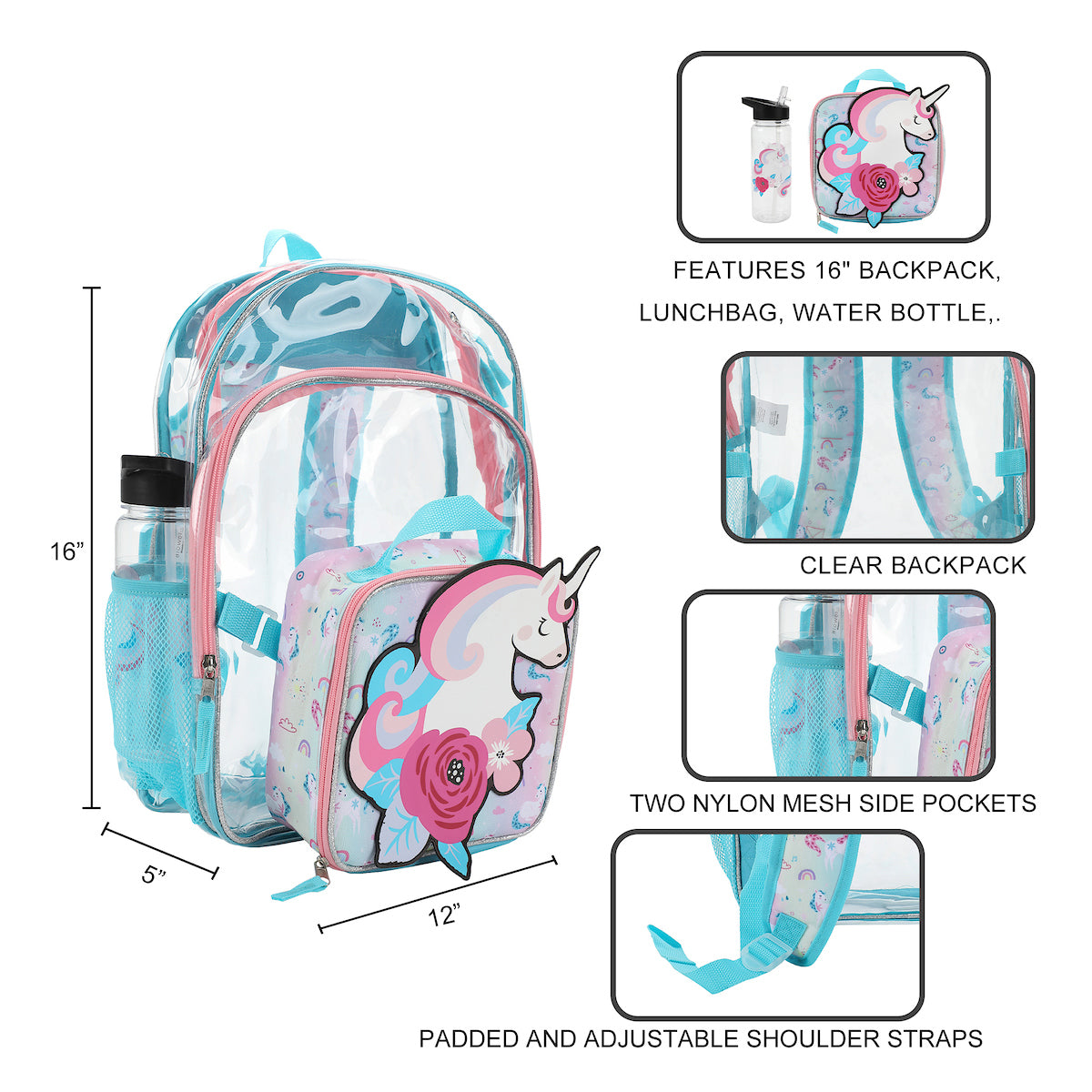 Floral Unicorn 3-Piece Backpack & Lunchbox Set With Water Bottle