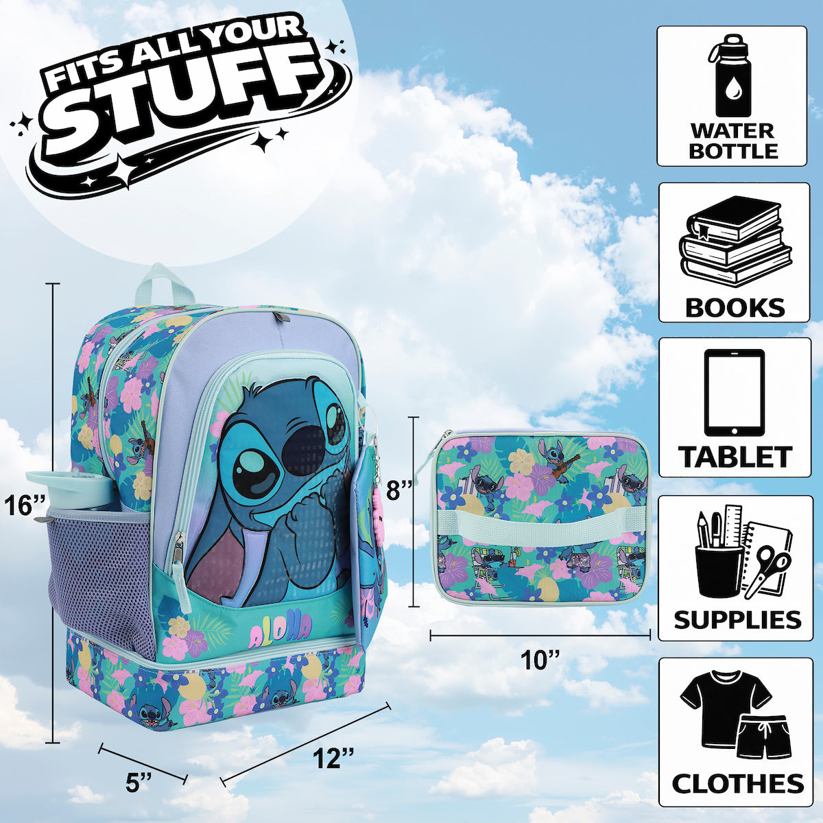 Disney Stitch Colorful Flower Print 5-Piece Backpack Set