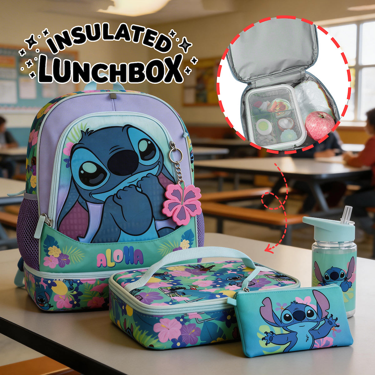 Disney Stitch Colorful Flower Print 5-Piece Backpack Set