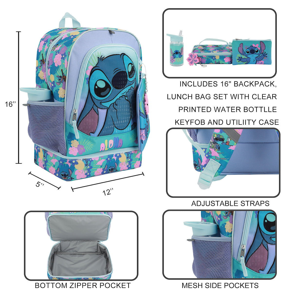 Disney Stitch Colorful Flower Print 5-Piece Backpack Set