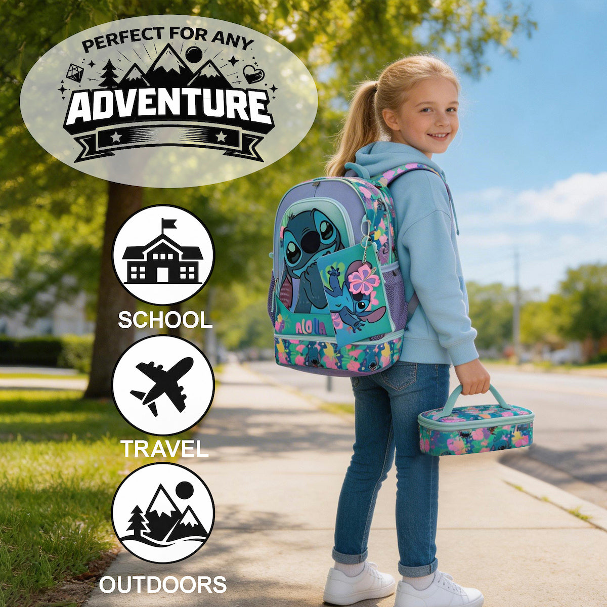 Disney Stitch Colorful Flower Print 5-Piece Backpack Set
