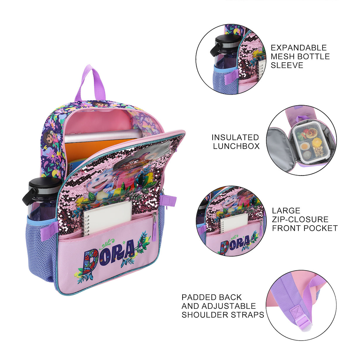 Dora the Explorer Animated 5-Piece 16” Backpack And Lunch Set For School & Travel