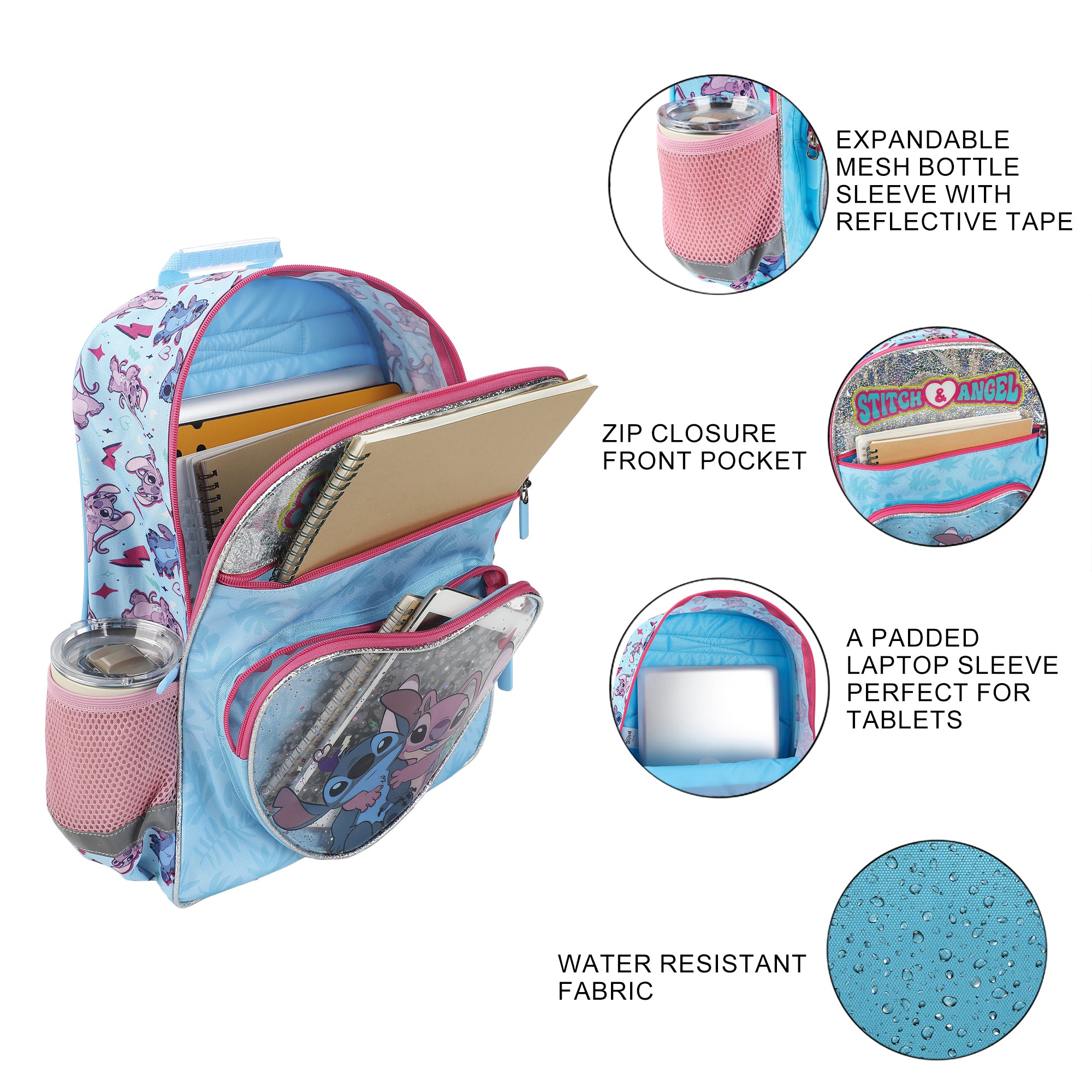 Disney's Stitch and Angel 5-Piece 16" Backpack & Hair Care Value Set