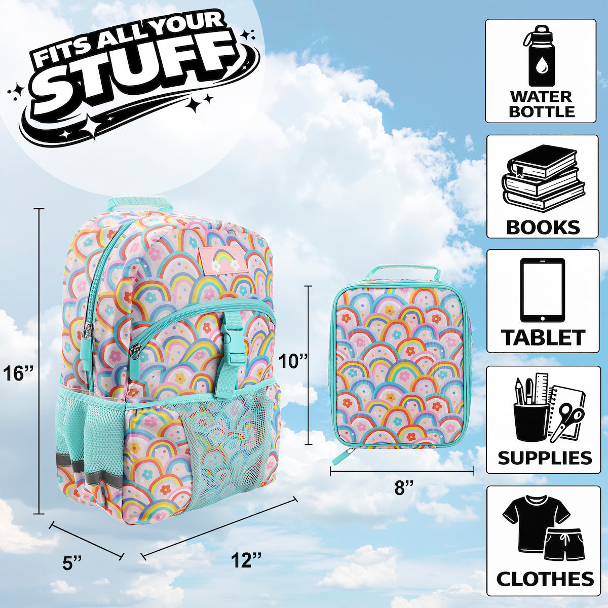 Colorful Rainbow Collage 2-Piece 16" Backpack & Lunch Kit Set for kids