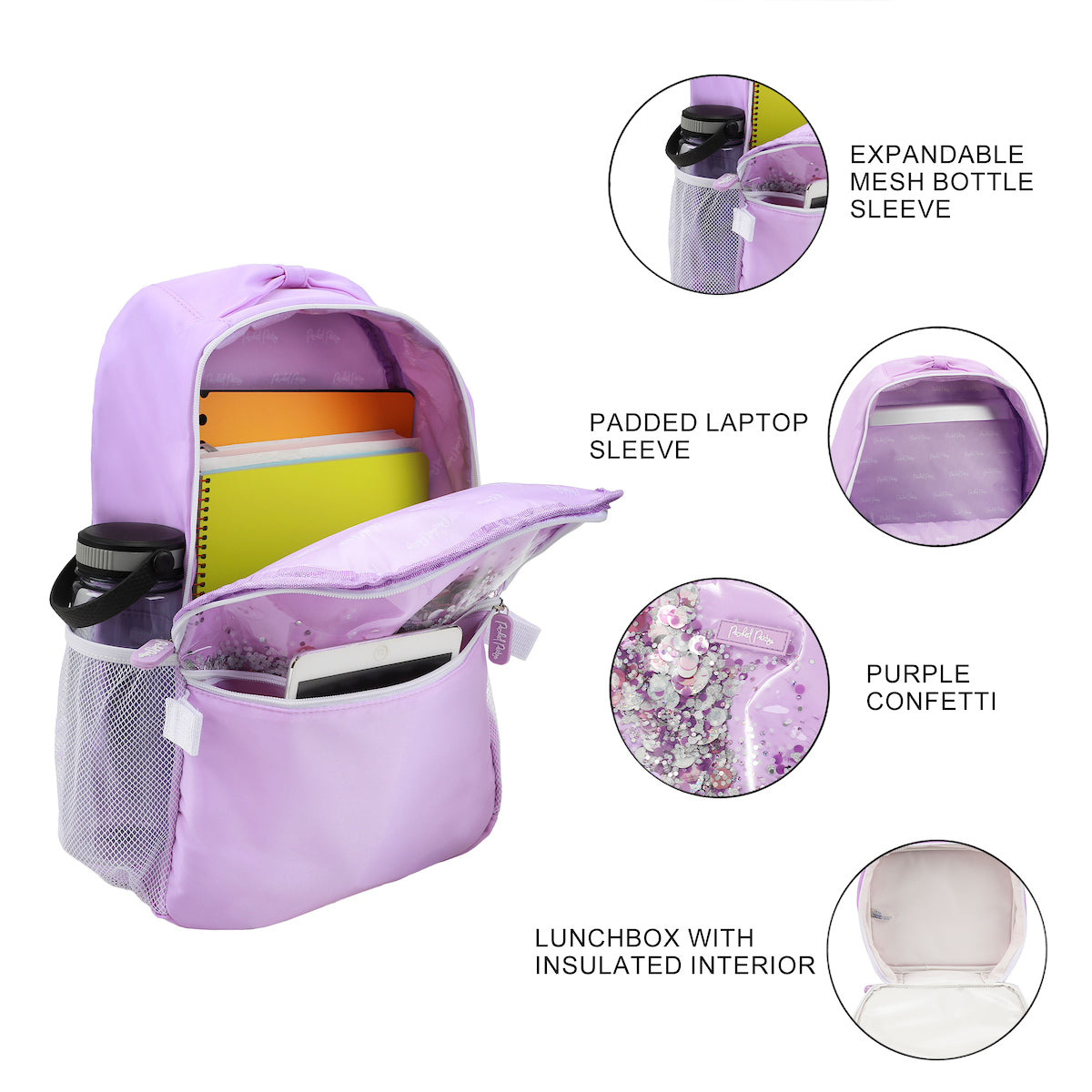 Packed Party Gold Confetti Purple 17" Backpack With Matching Insulated Lunchbox