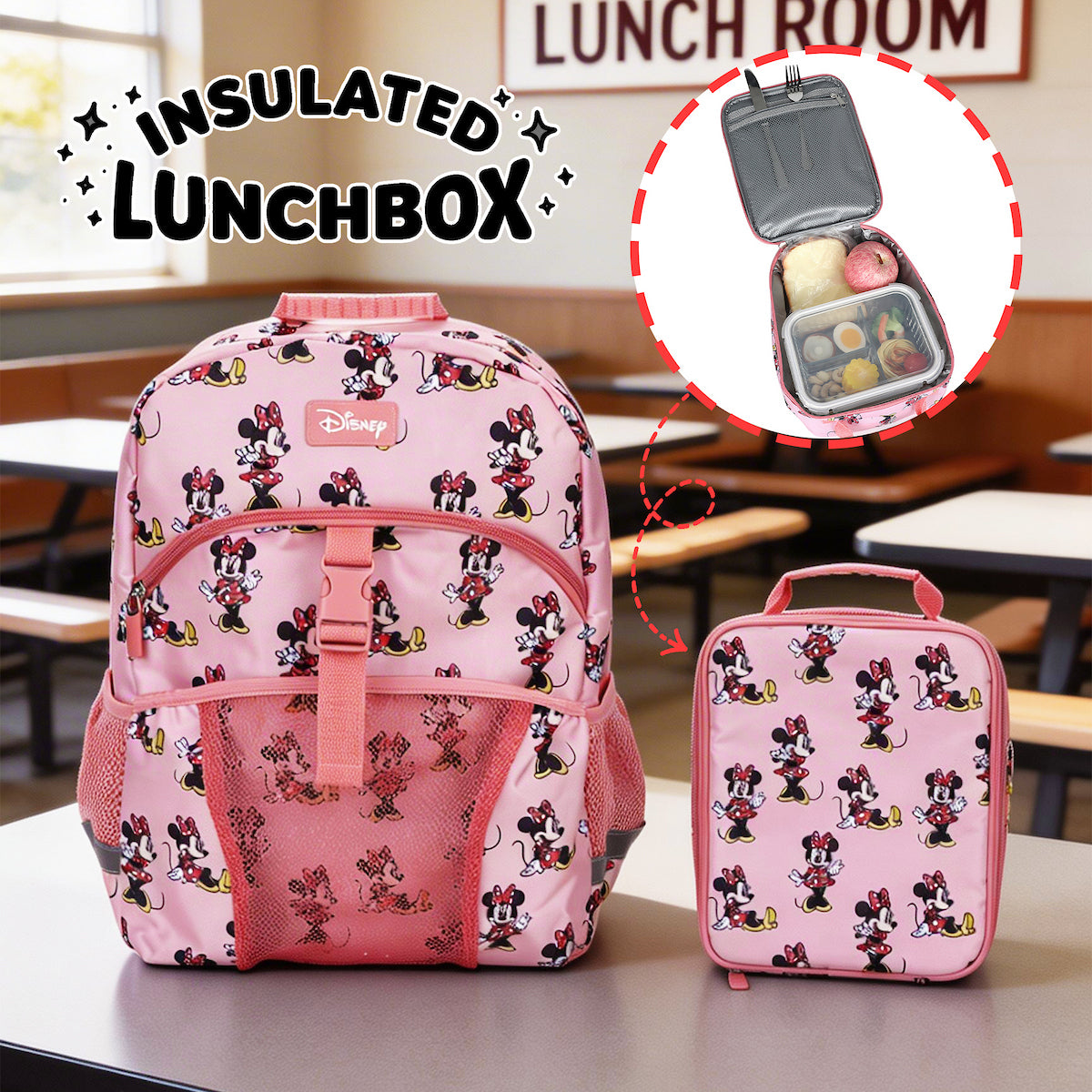 Minnie Mouse Classic 2-Piece 16" Kids Backpack & Lunch Box Set For School And Travel