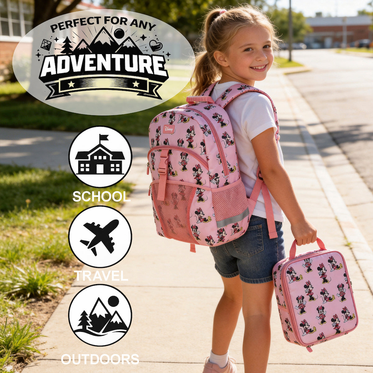 Minnie Mouse Classic 2-Piece 16" Kids Backpack & Lunch Box Set For School And Travel