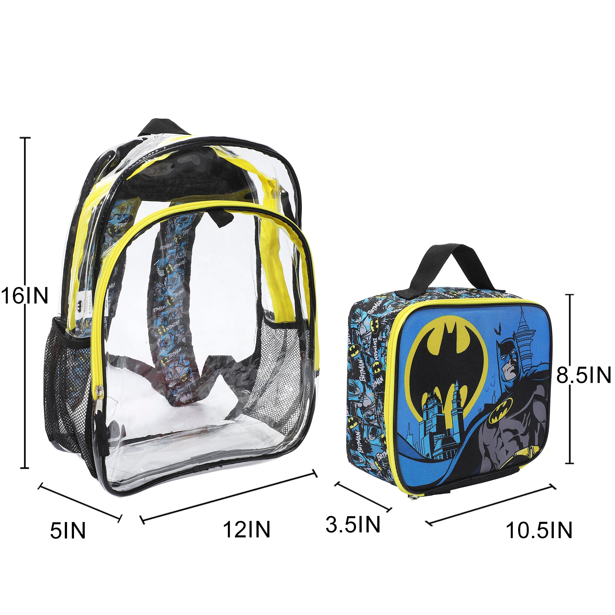 Batman 2-Piece 16" Kids Clear Backpack & Lunch Box Set For School And Travel