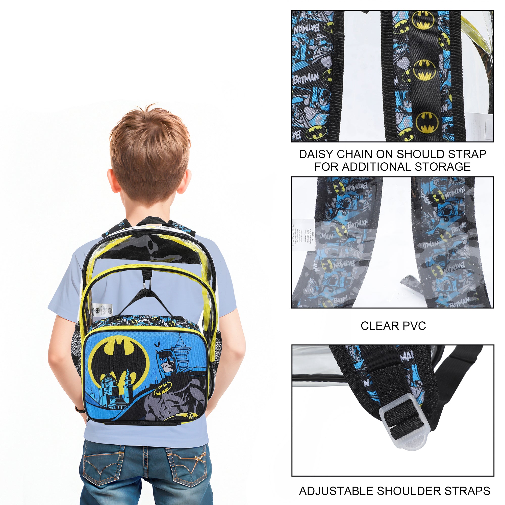 Batman 2-Piece 16" Kids Clear Backpack & Lunch Box Set For School And Travel