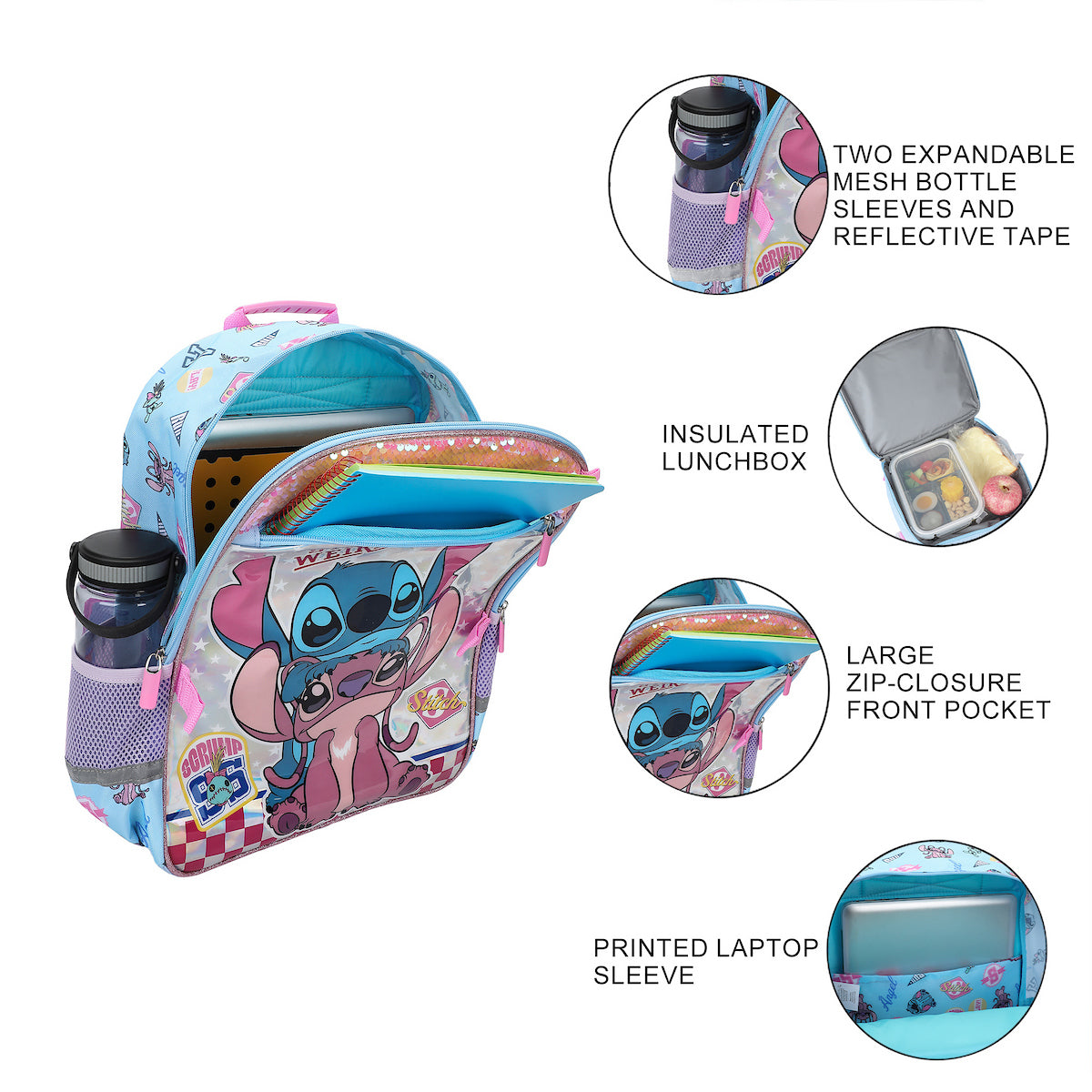 Lilo & Stitch With Angel 5-Piece 16” Backpack And Lunch Set For School & Travel