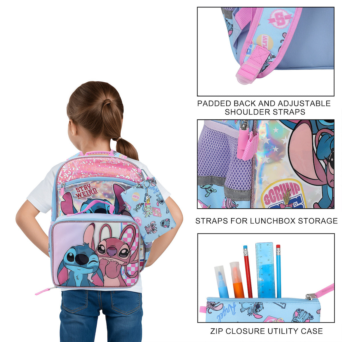 Lilo & Stitch With Angel 5-Piece 16” Backpack And Lunch Set For School & Travel