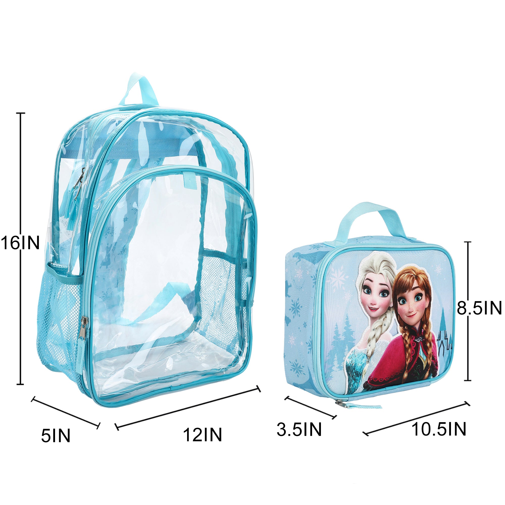 Disney Frozen Elsa and Anna 2-Piece 16" Kids Clear Backpack & Lunch Box Set For School And Travel