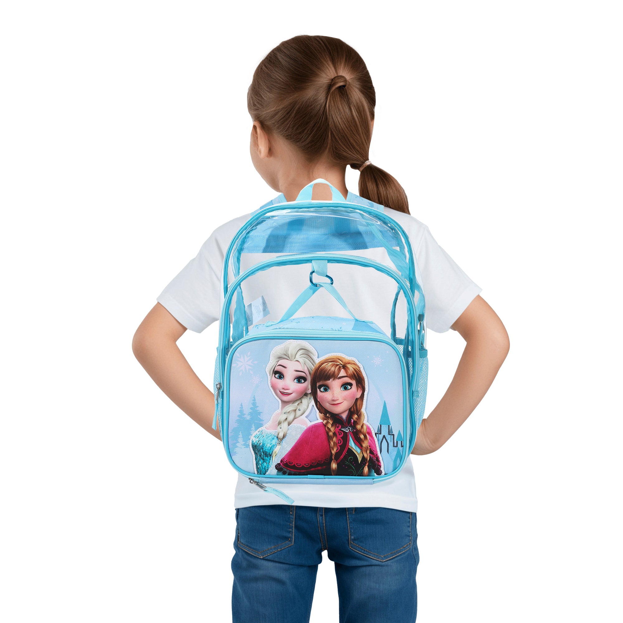 Disney Frozen Elsa and Anna 2-Piece 16" Kids Clear Backpack & Lunch Box Set For School And Travel