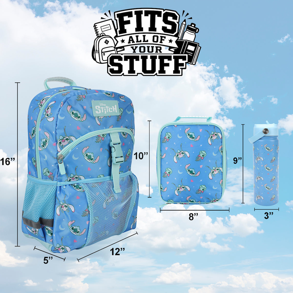 Lilo & Stitch All-Over Stitch & Doll Print Blue 16” Backpack With Lunchbox Set and Stainless Steel Water Bottle