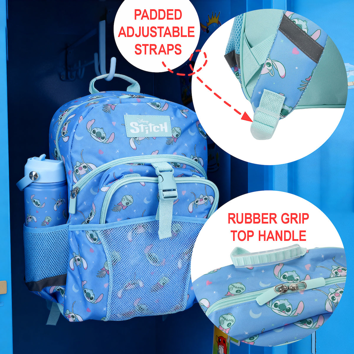 Lilo & Stitch All-Over Stitch & Doll Print Blue 16” Backpack With Lunchbox Set and Stainless Steel Water Bottle