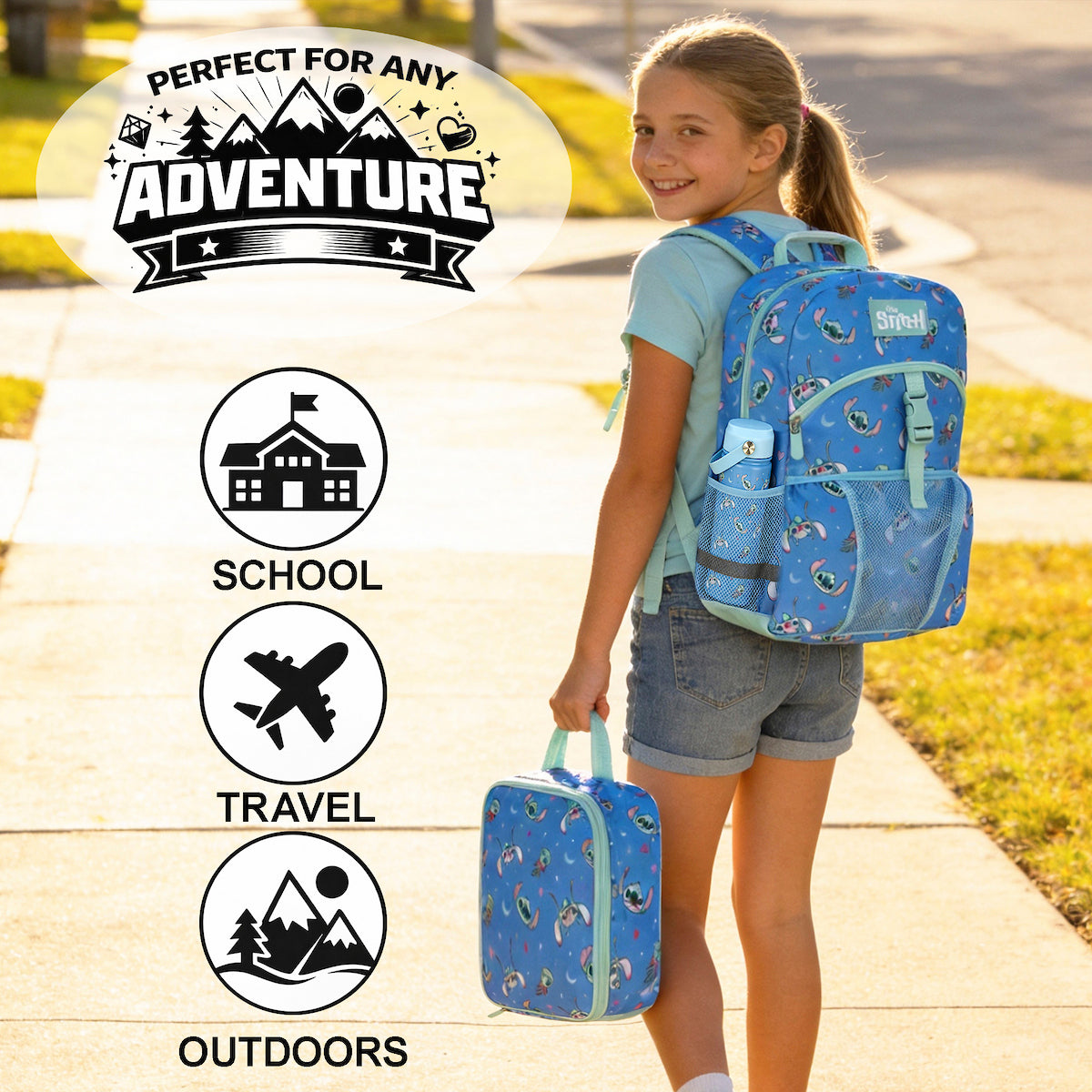Lilo & Stitch All-Over Stitch & Doll Print Blue 16” Backpack With Lunchbox Set and Stainless Steel Water Bottle
