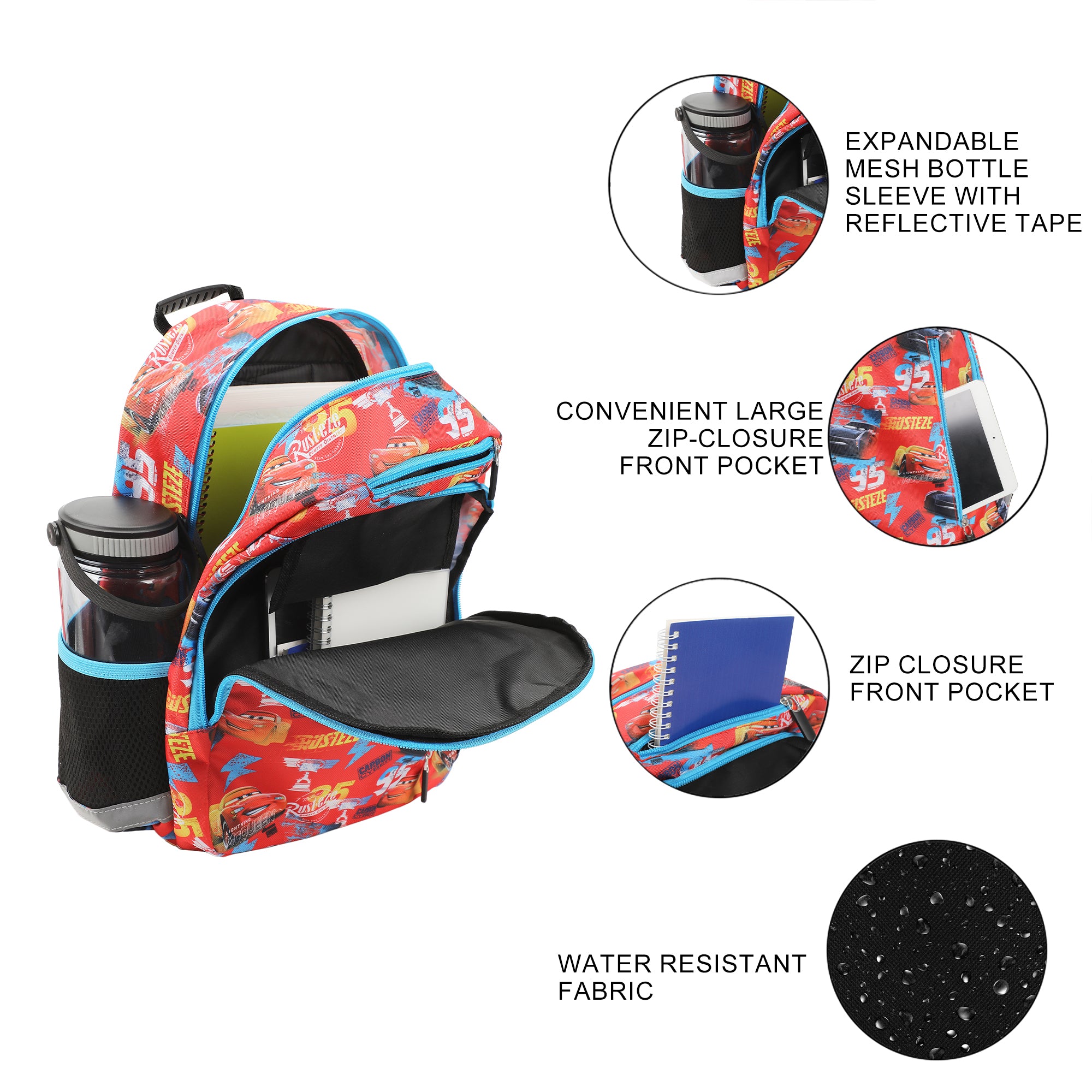 Disney Pixar Cars Characters All-Over Print 14"  Toddler Backpack & Lunch Kit Value Set for Boys