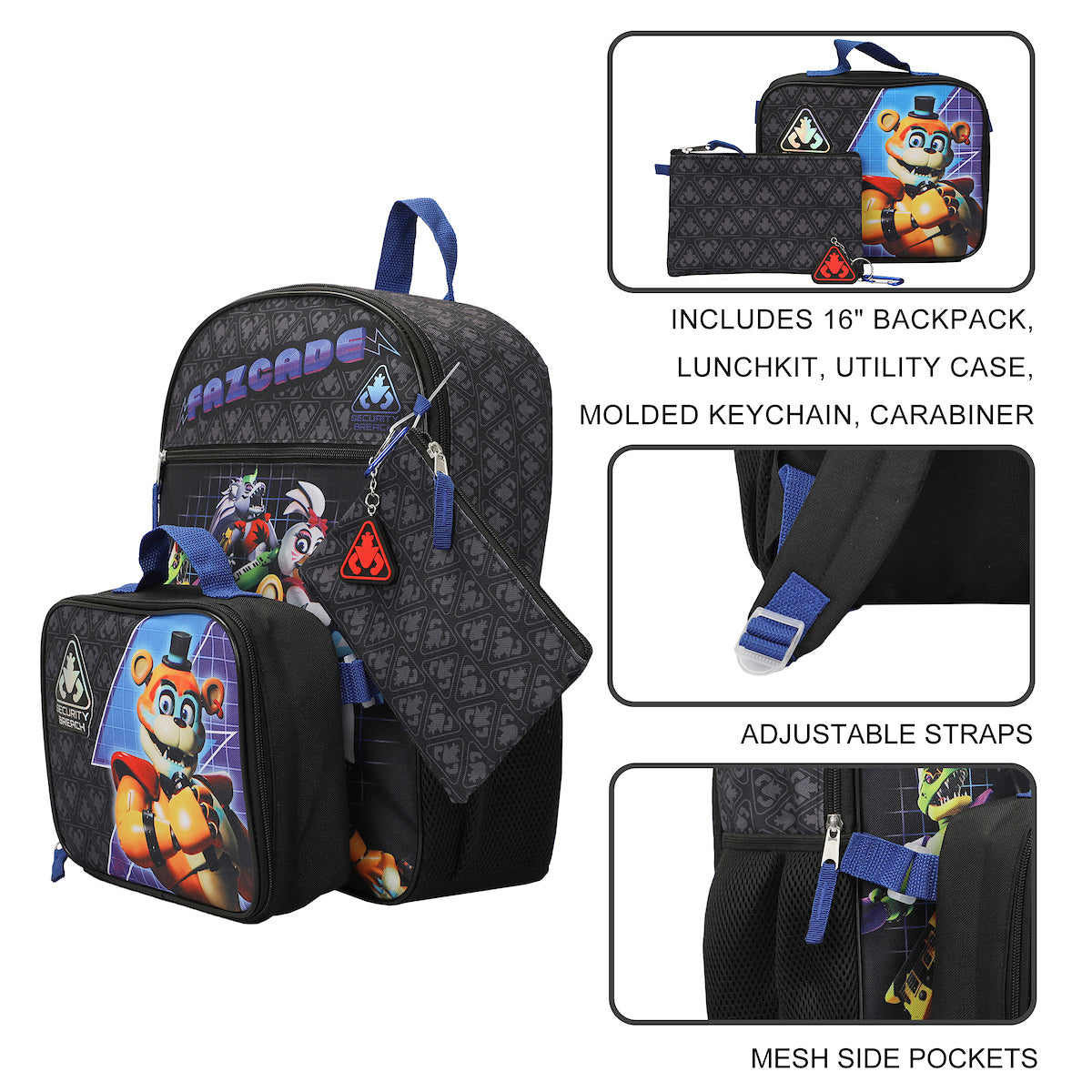 Five Nights At Freddy's Security Breach Fazcade Youth 5-Piece Backpack Set