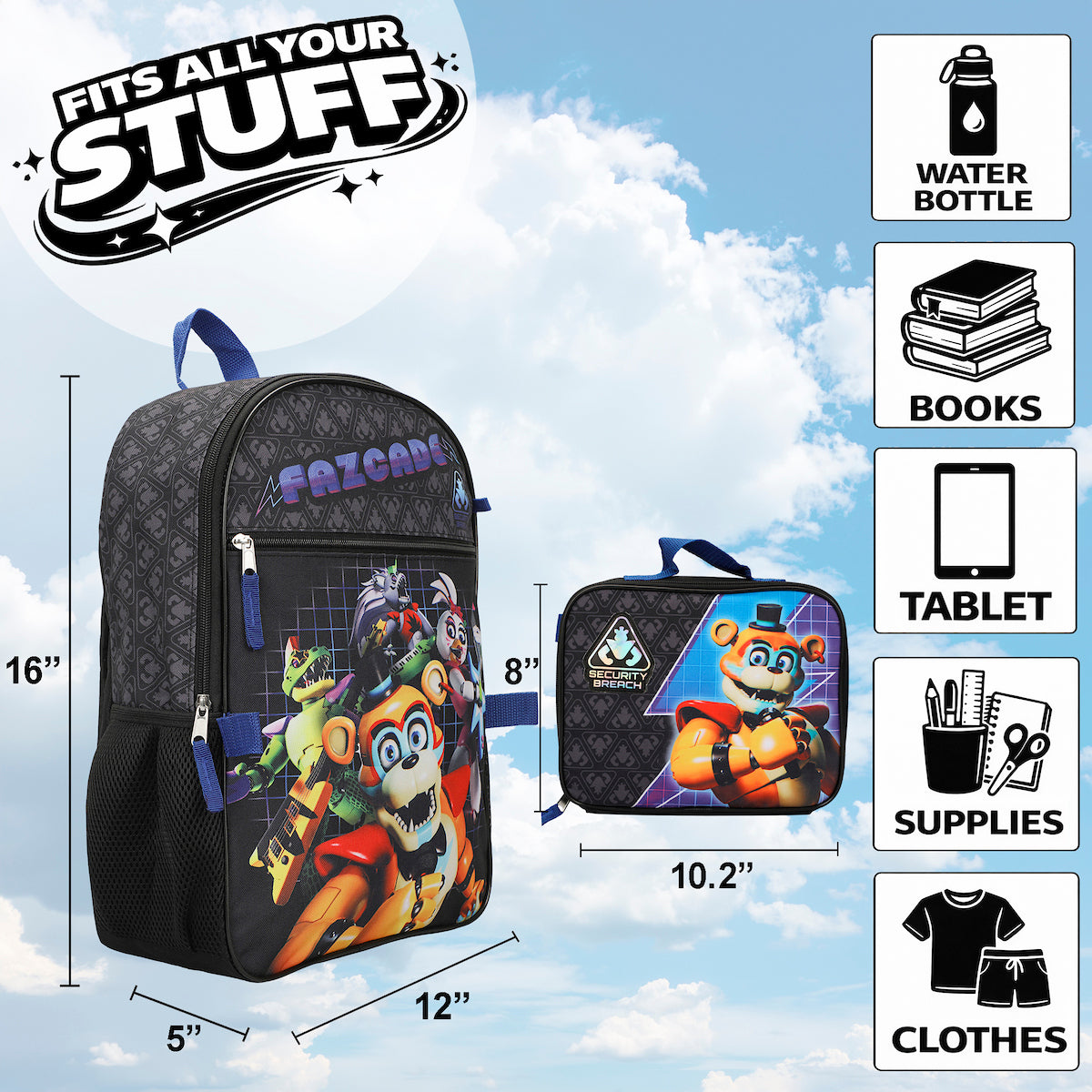 Five Nights At Freddy's Security Breach Fazcade Youth 5-Piece Backpack Set