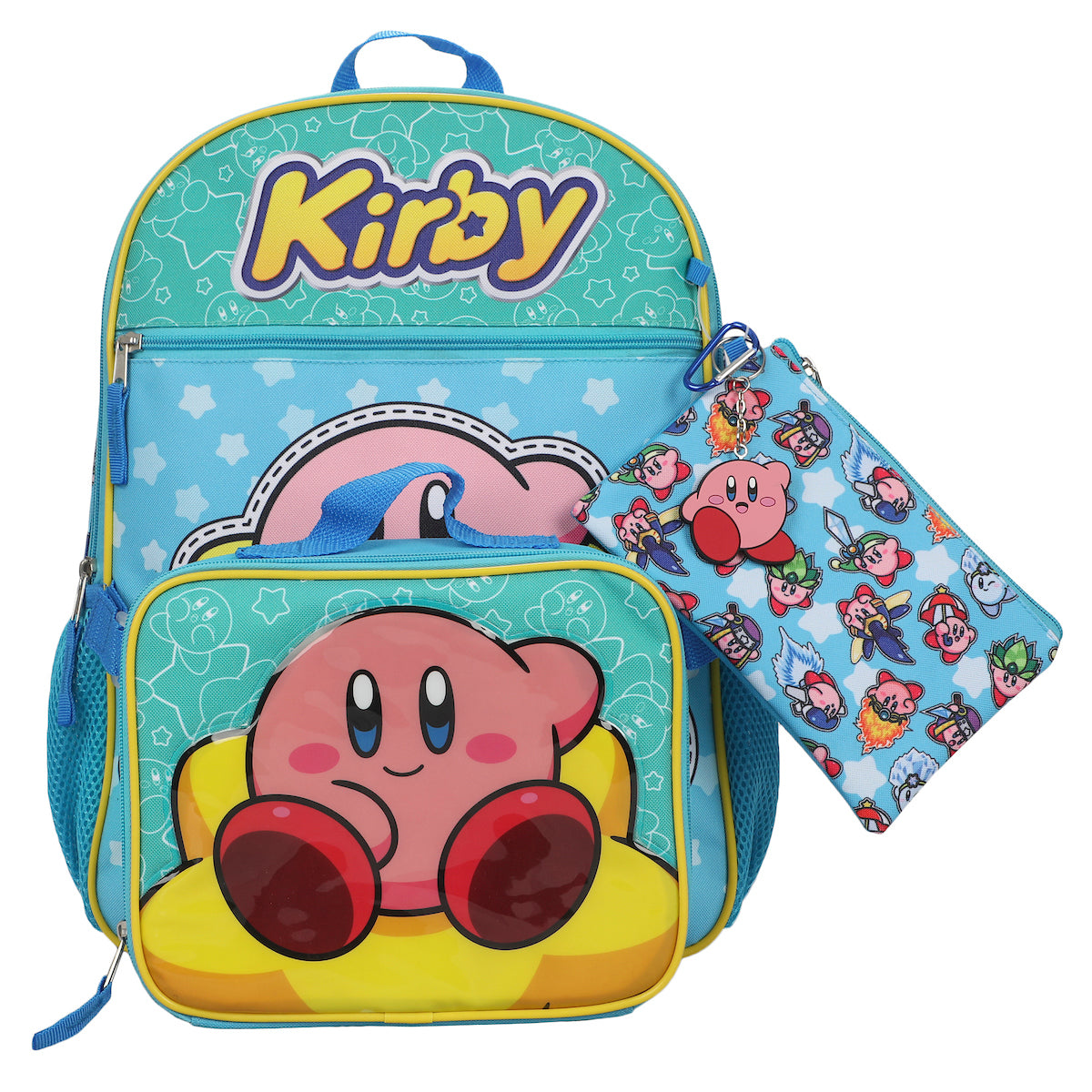 Kirby 5-Piece Set: 16 Backpack Lunchbox Utility Case Rubber Keychain and Carabiner