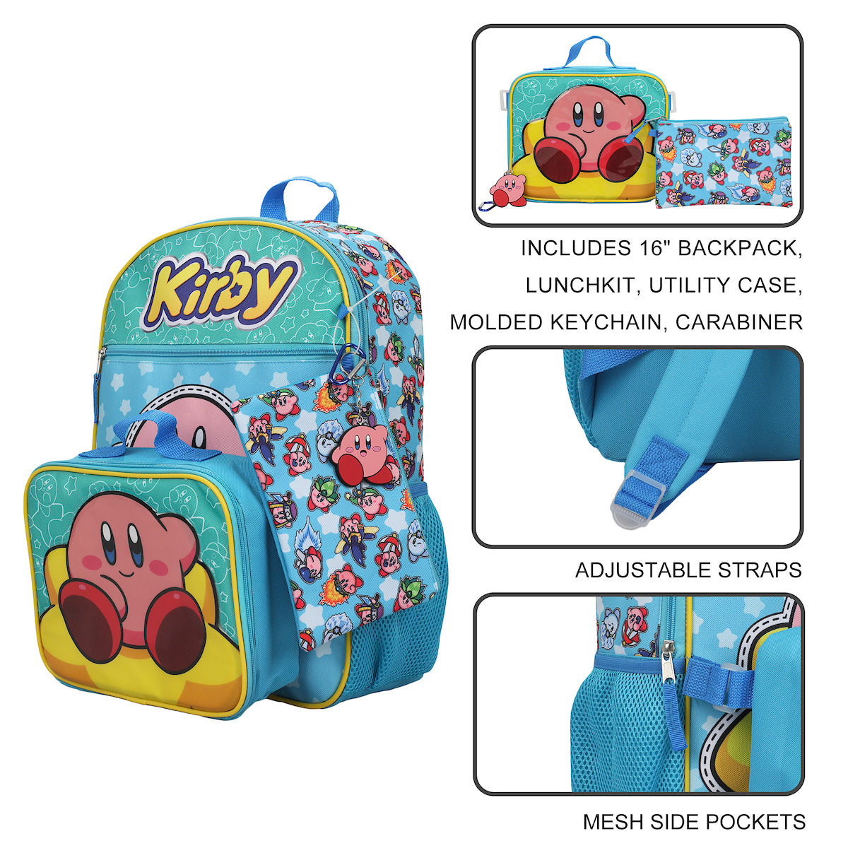 Kirby 5-Piece Set: 16 Backpack Lunchbox Utility Case Rubber Keychain and Carabiner