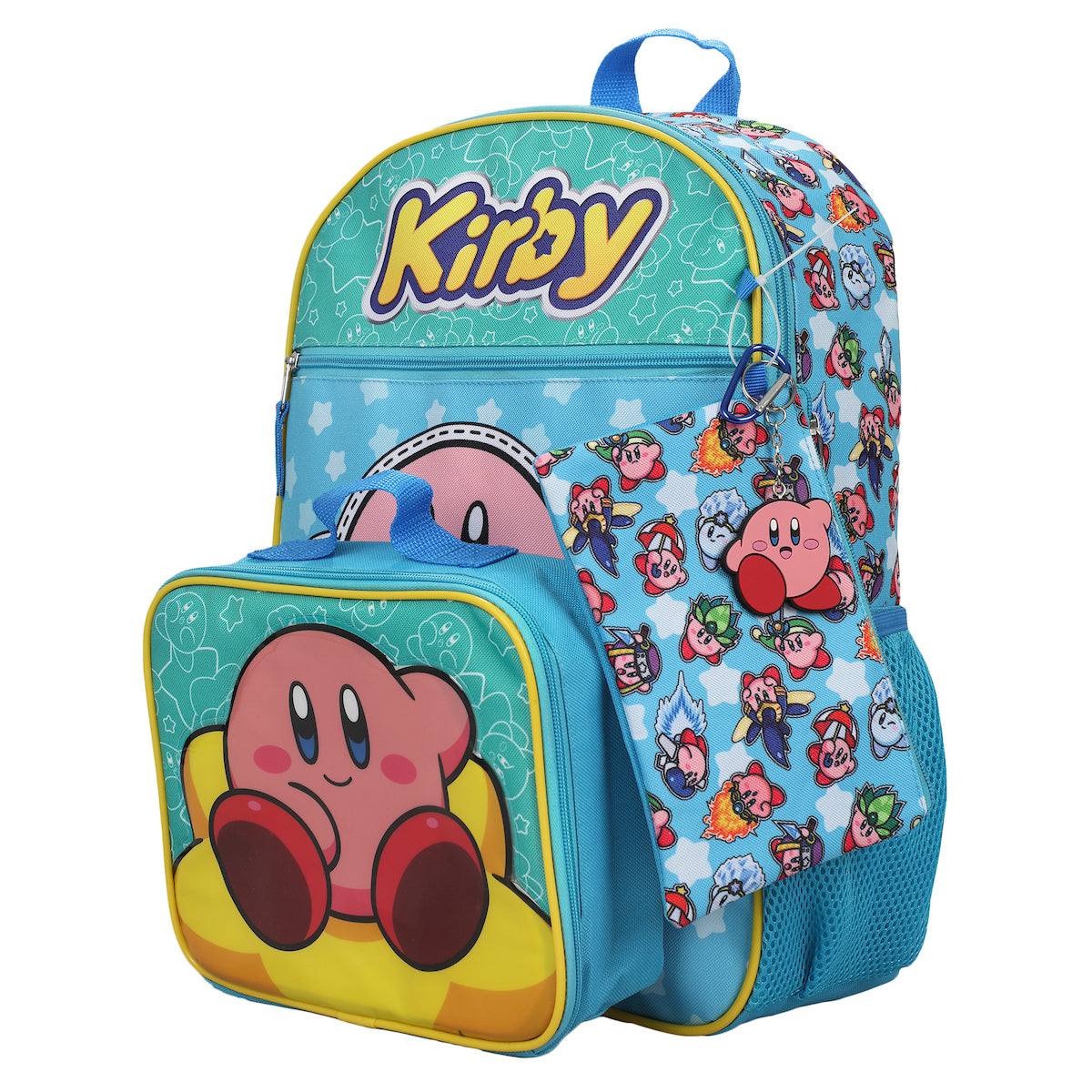 Kirby 5-Piece Set: 16 Backpack Lunchbox Utility Case Rubber Keychain and Carabiner