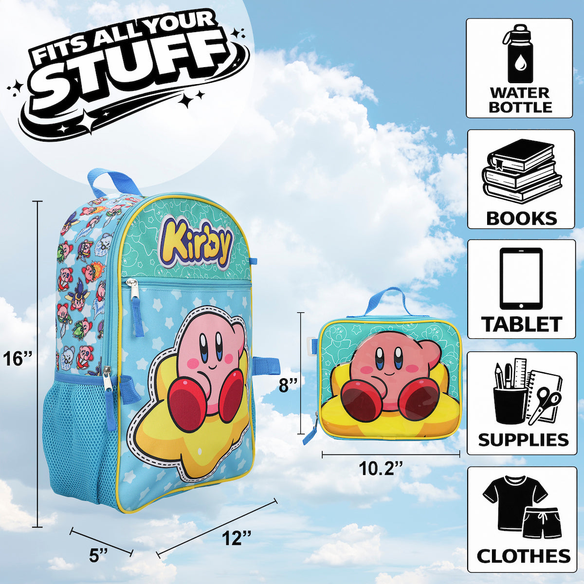 Kirby 5-Piece Set: 16 Backpack Lunchbox Utility Case Rubber Keychain and Carabiner