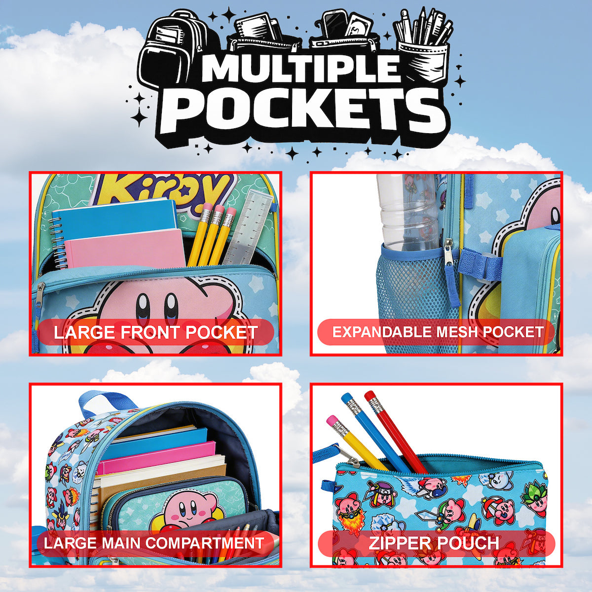 Kirby 5-Piece Set: 16 Backpack Lunchbox Utility Case Rubber Keychain and Carabiner