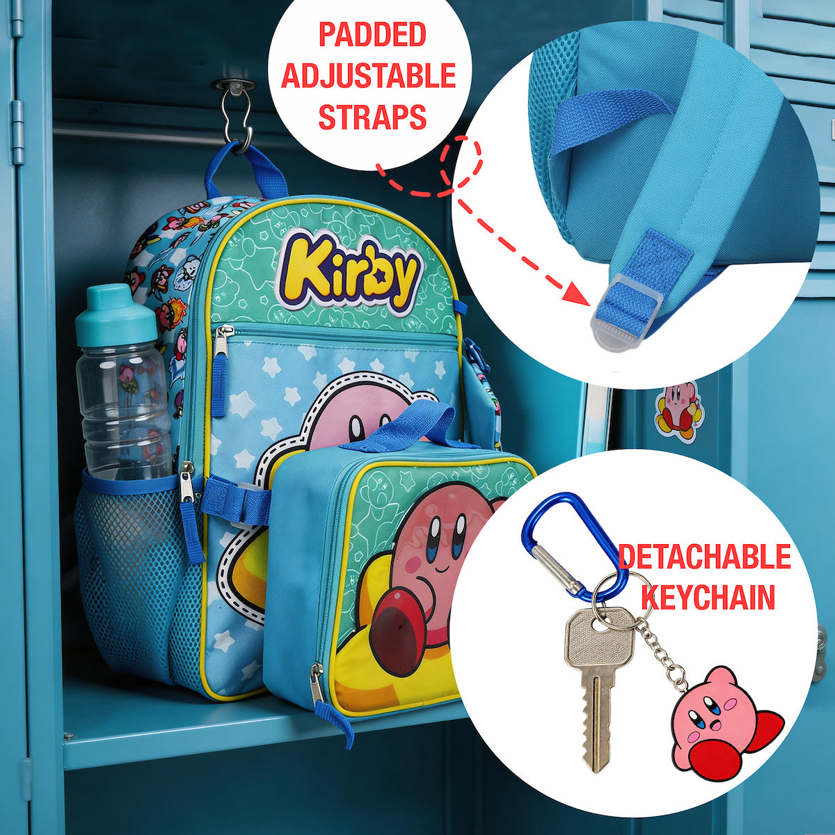 Kirby 5-Piece Set: 16 Backpack Lunchbox Utility Case Rubber Keychain and Carabiner