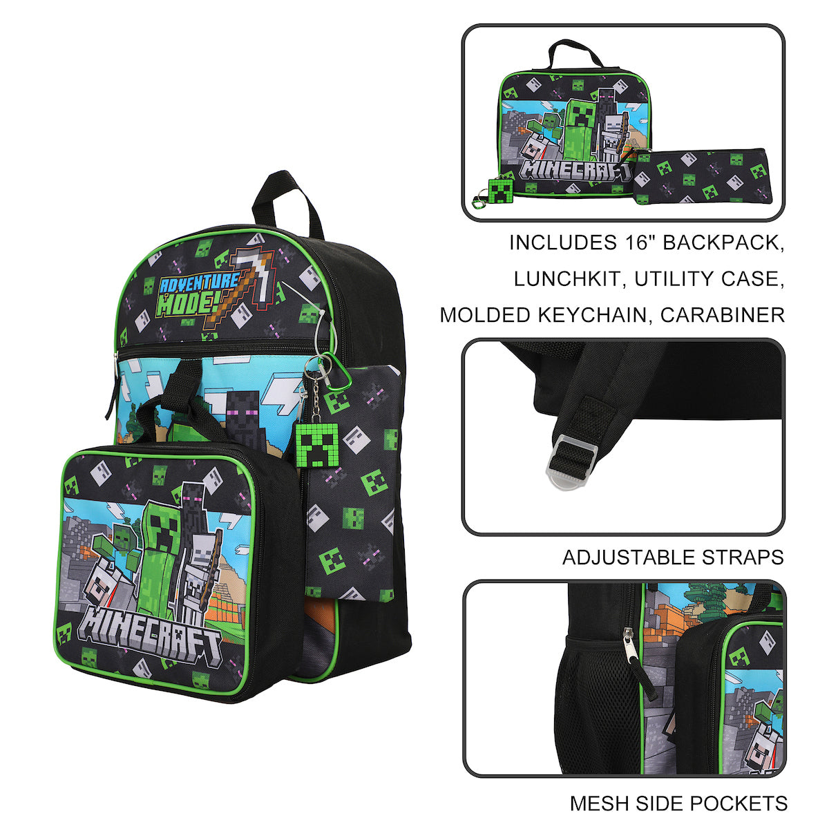 Minecraft 5-Piece Set: 16 Backpack, Lunchbox, Utility Case, Rubber Keychain, and Carabiner