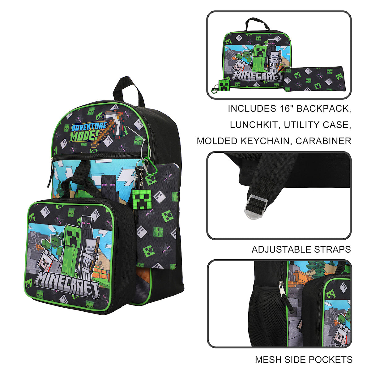 Minecraft 5-Piece Set: 16 Backpack, Lunchbox, Utility Case, Rubber Keychain, and Carabiner