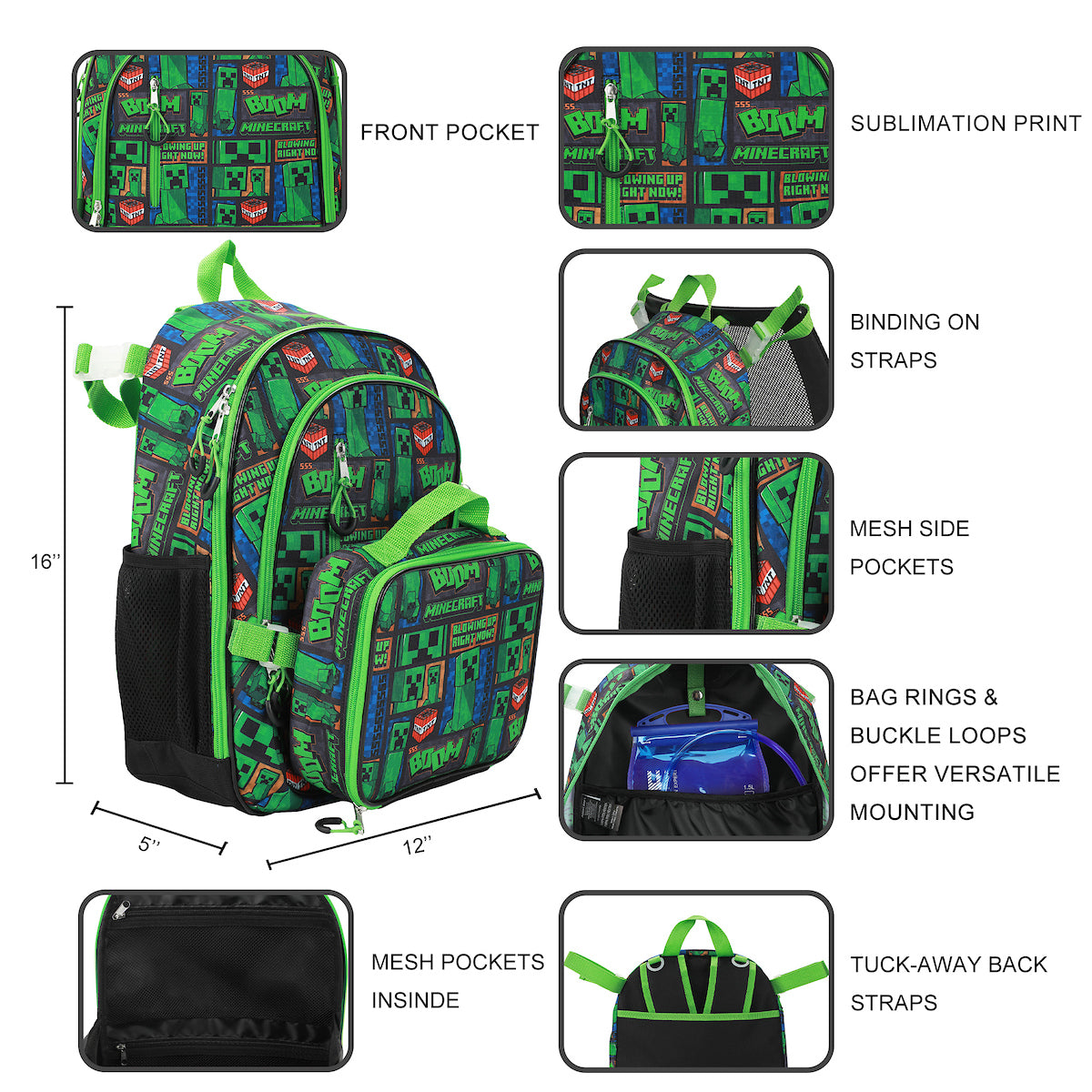 Minecraft Creeper Blowing Up Right Now! 5-Piece Adaptive Backpack & Lunchbox Set