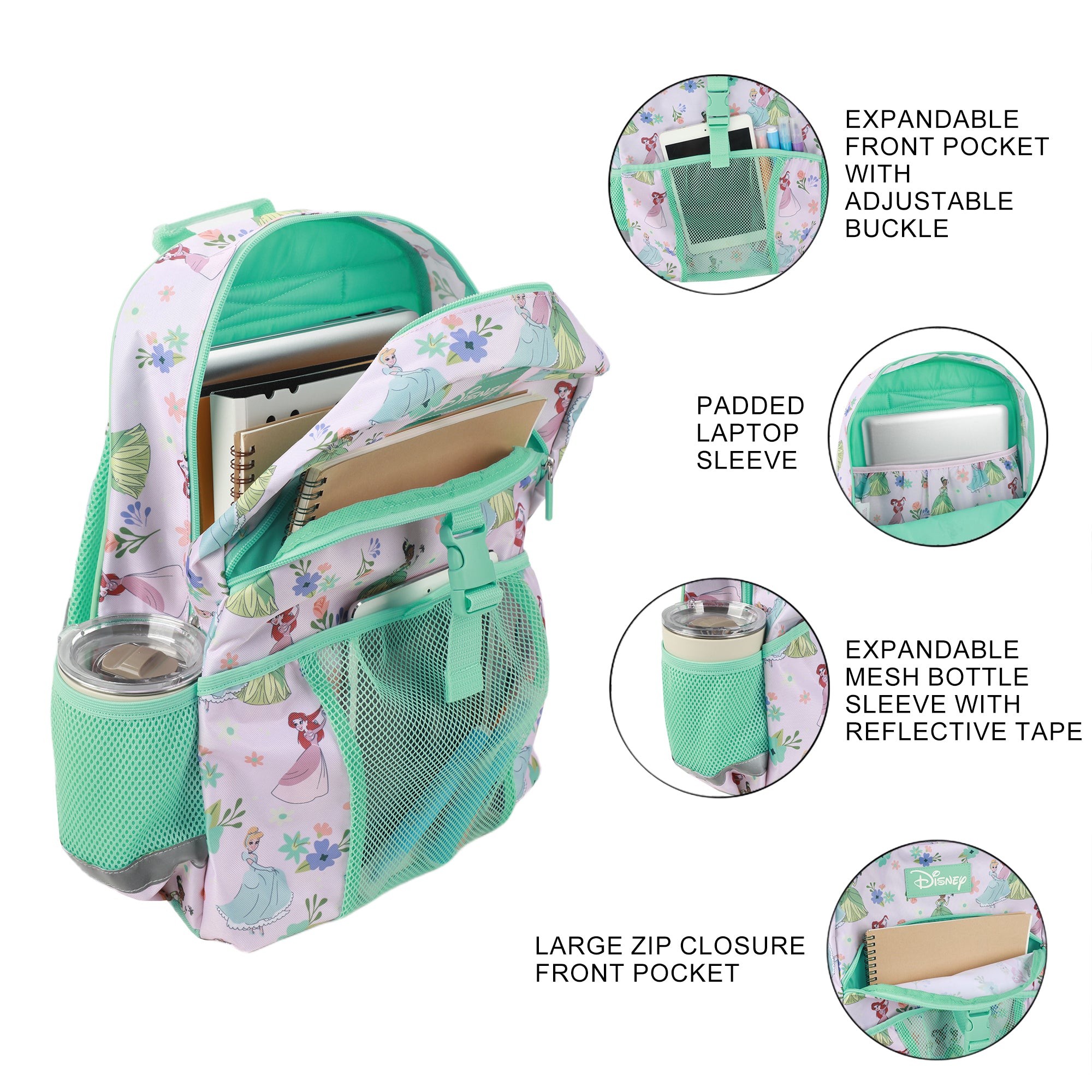 Disney Princesses 2-Piece 16" Premium Backpack & Lunch Kit Set For School And Travel