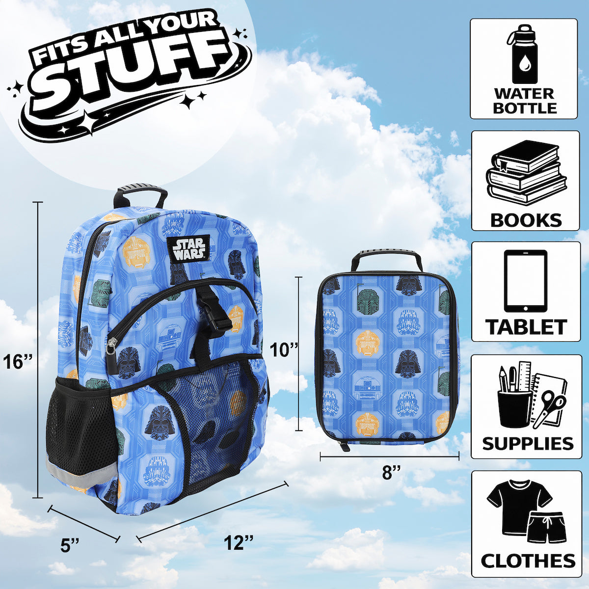 Star Wars The Dark Side 2-Piece 16" Premium Backpack & Lunch Kit Set For School And Travel