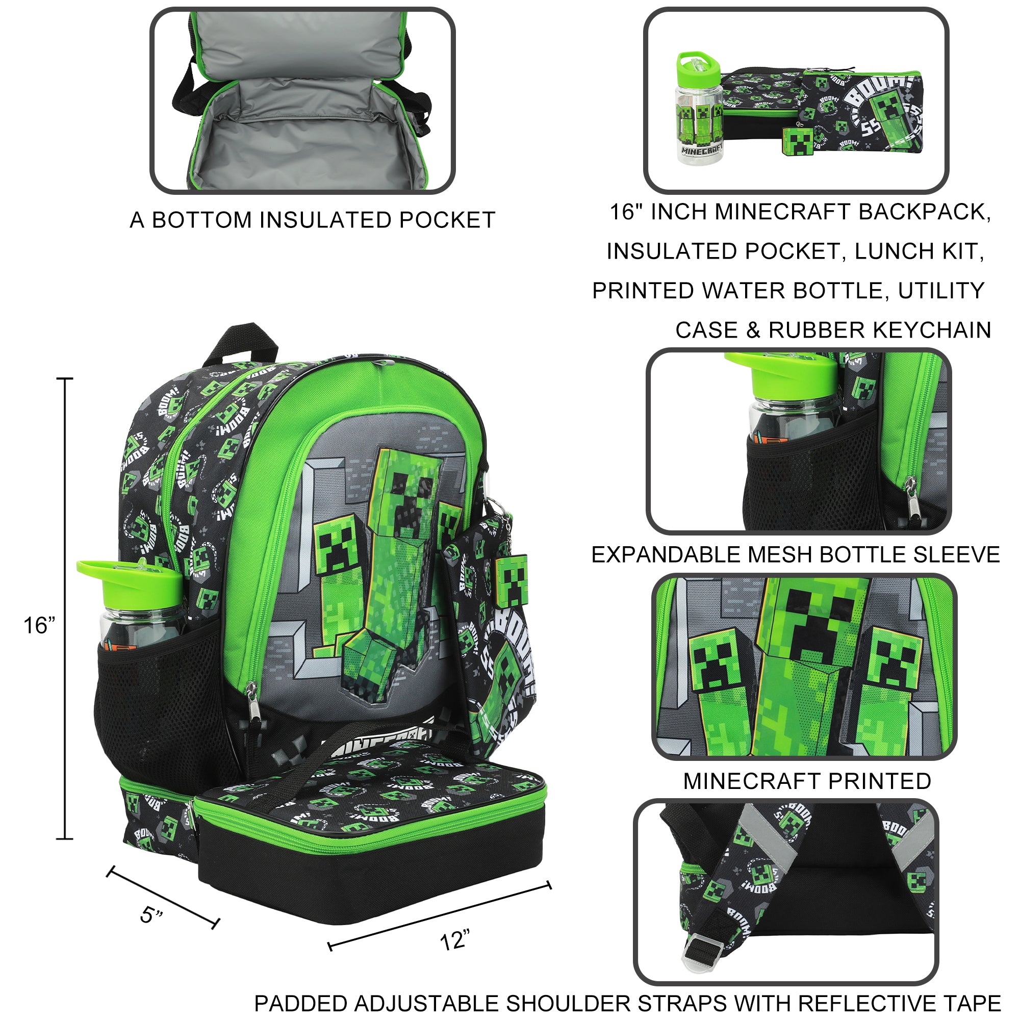 Minecraft Creepers 5-Piece 16" Backpack Set For School & Travel