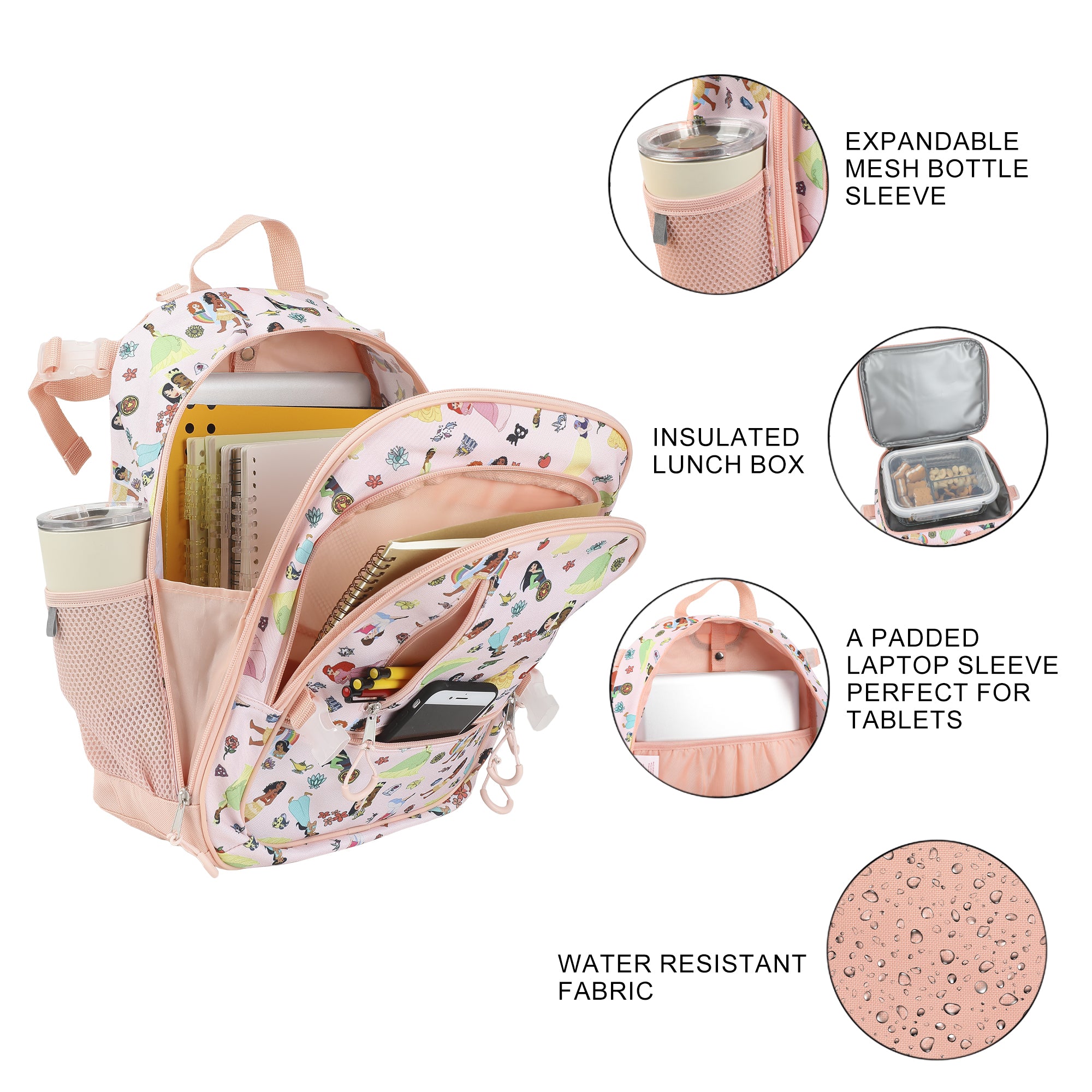 Disney Princesses 4-Piece 16" kids girls Adaptive Backpack & Lunch Box Combo Set