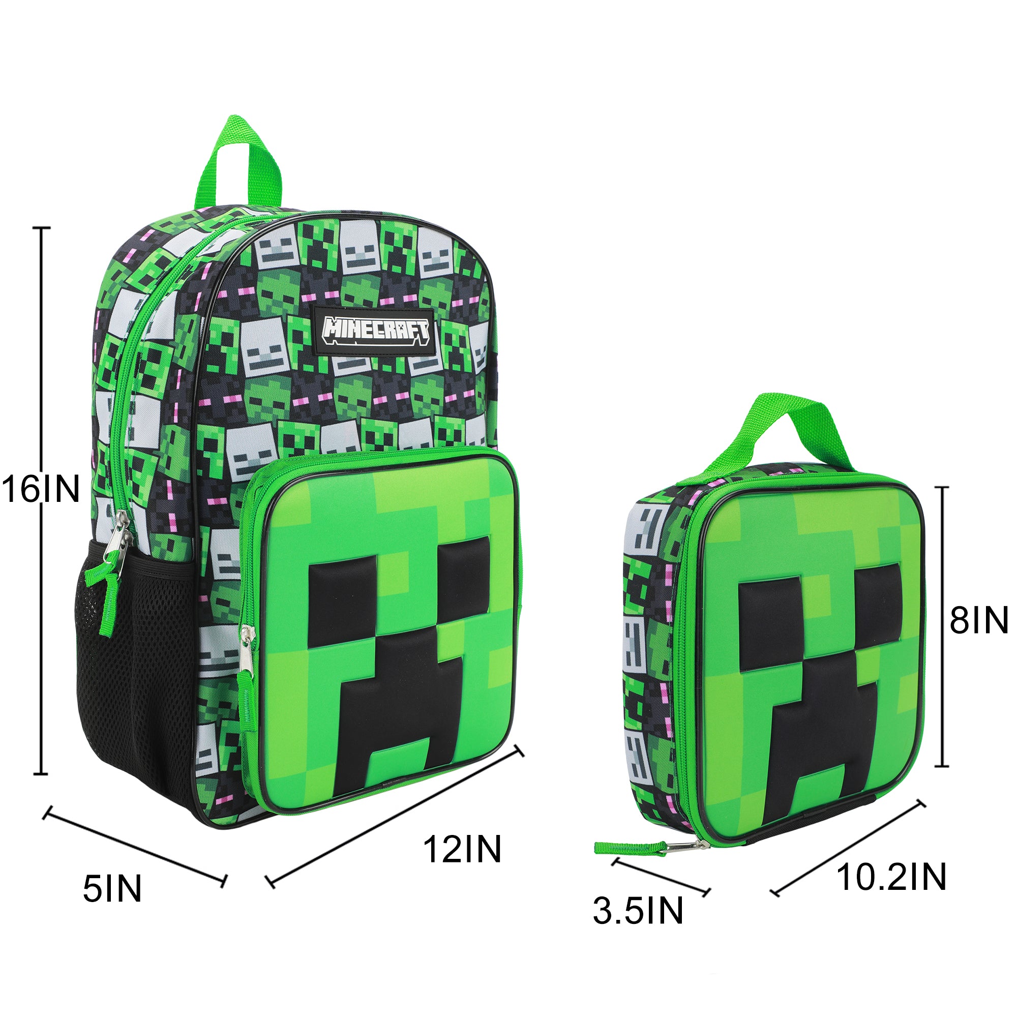 Minecraft Creepers 2-Piece 16"Premium Backpack & Lunch Box Set For School And Travel
