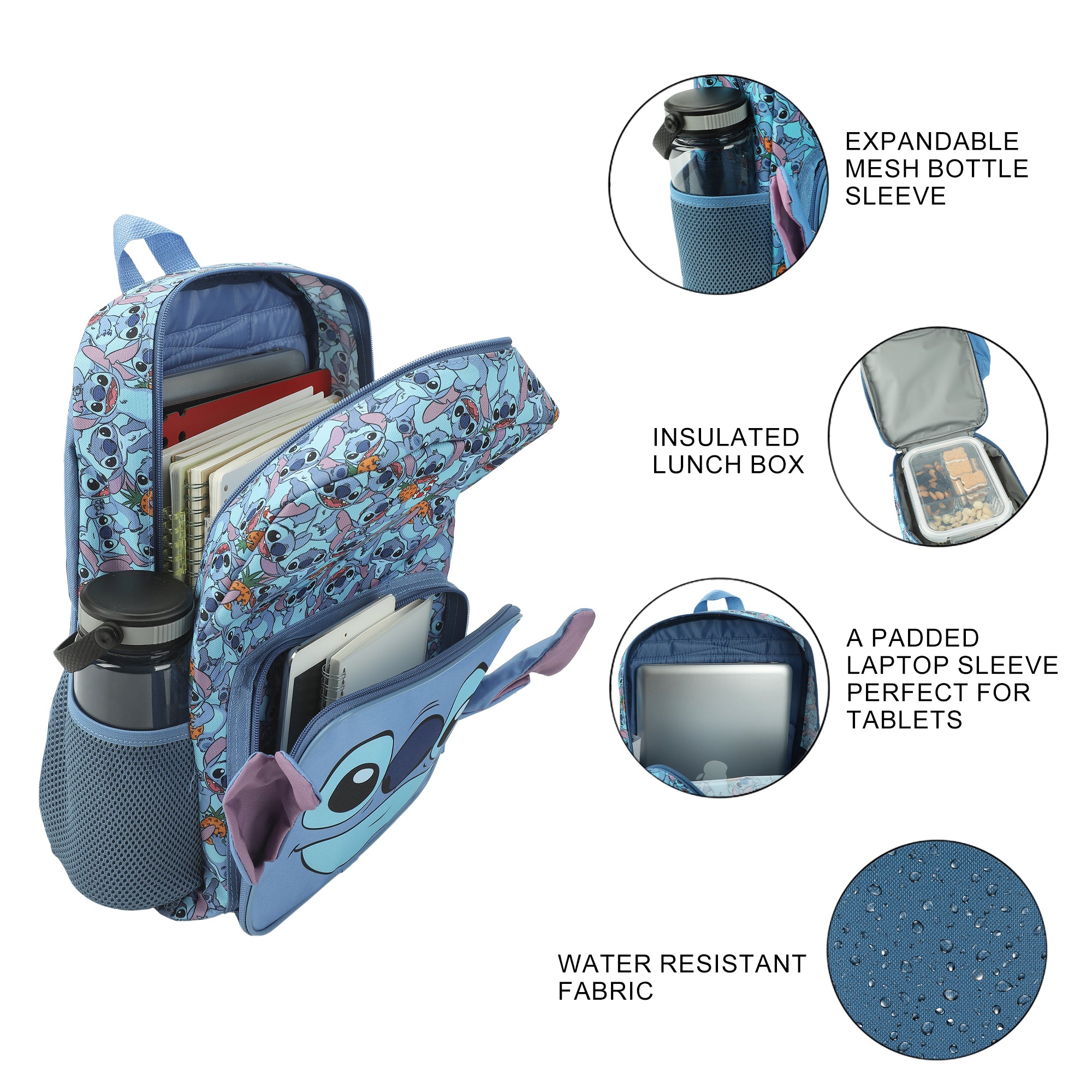 backpack with water bottle pocket and lunchbox laptop Disney Stitch Character Print 16" Backpack & Lunch Kit Value Set – Bioworld